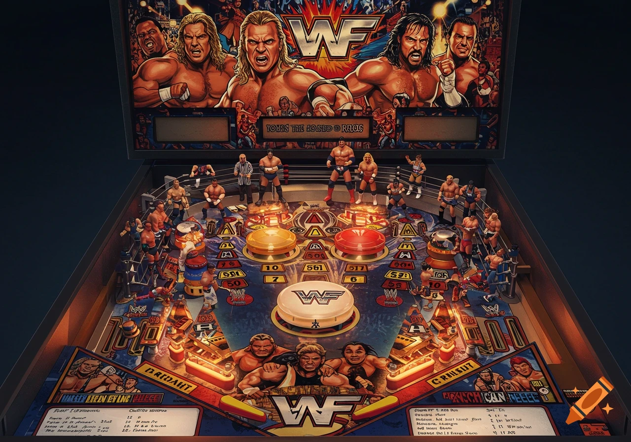 A detailed WWF wrestling-themed pinball machine with miniature wrestler figures and cartoon art.