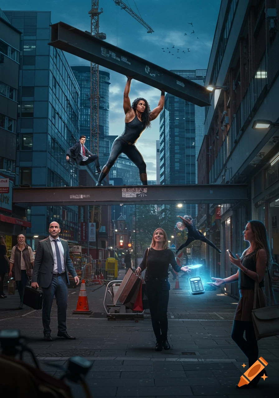 People with superpowers in a busy city: a woman lifts a girder, another woman levitates a phone, and a man floats through a building. Photorealistic style.