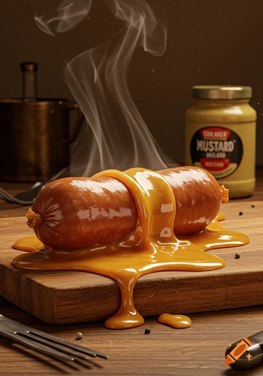 Photorealistic image of a smoking sausage covered in melting yellow cheese or mustard on a wooden cutting board.