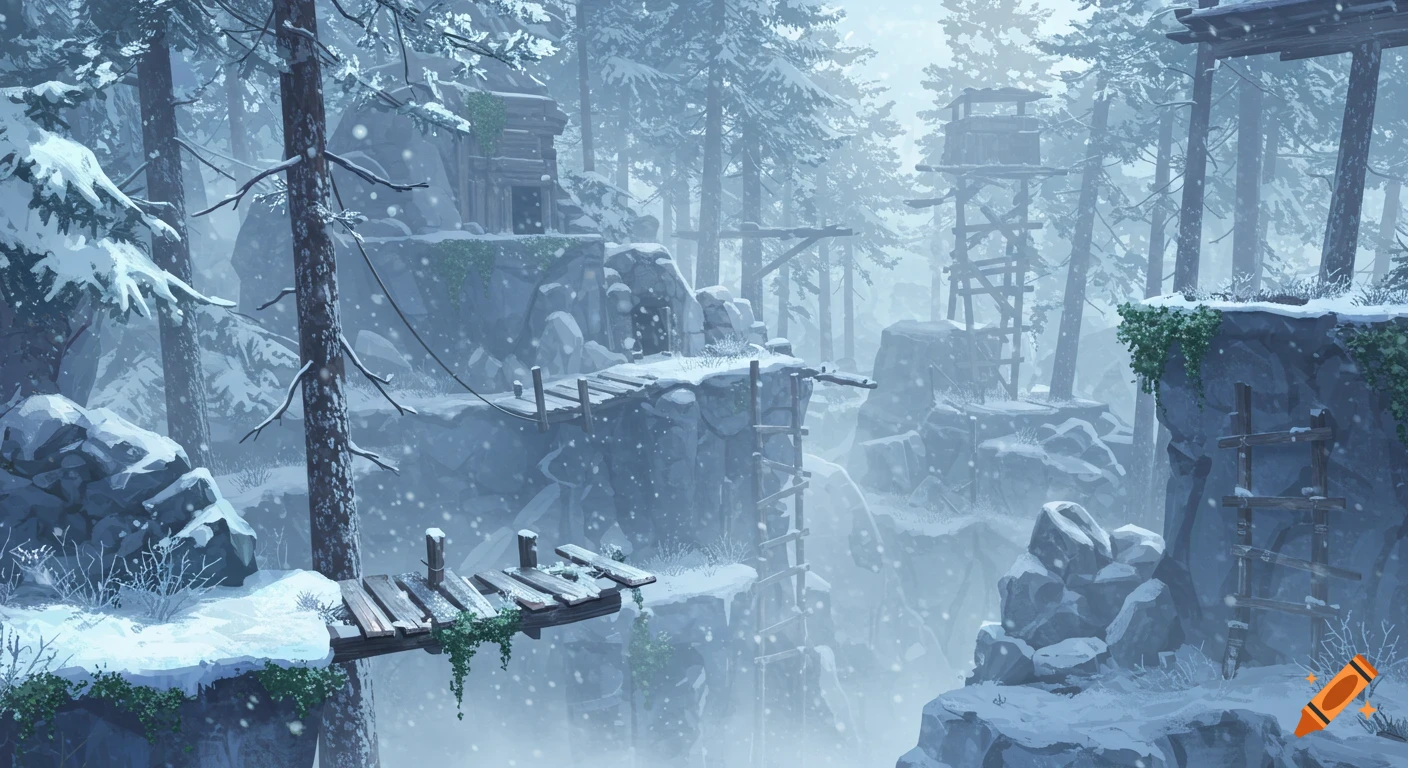 A snowy winter forest landscape with wooden platforms, bridges, and ruined watchtowers, rendered in a semi-realistic painterly style with mist.