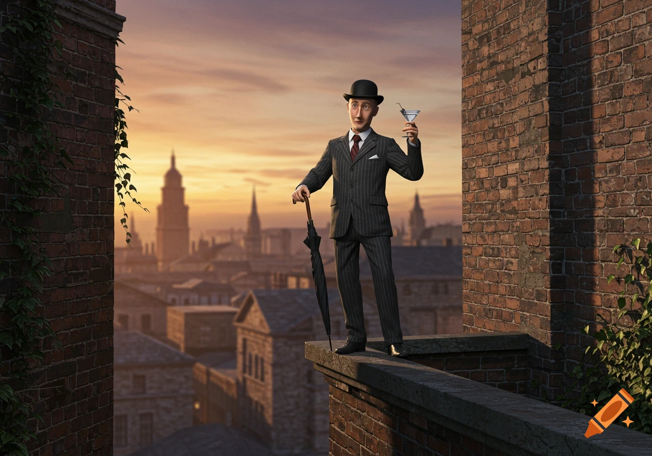 Photorealistic image of a man in a bowler hat and pinstripe suit standing on a city building ledge, holding an umbrella and a martini at sunset.