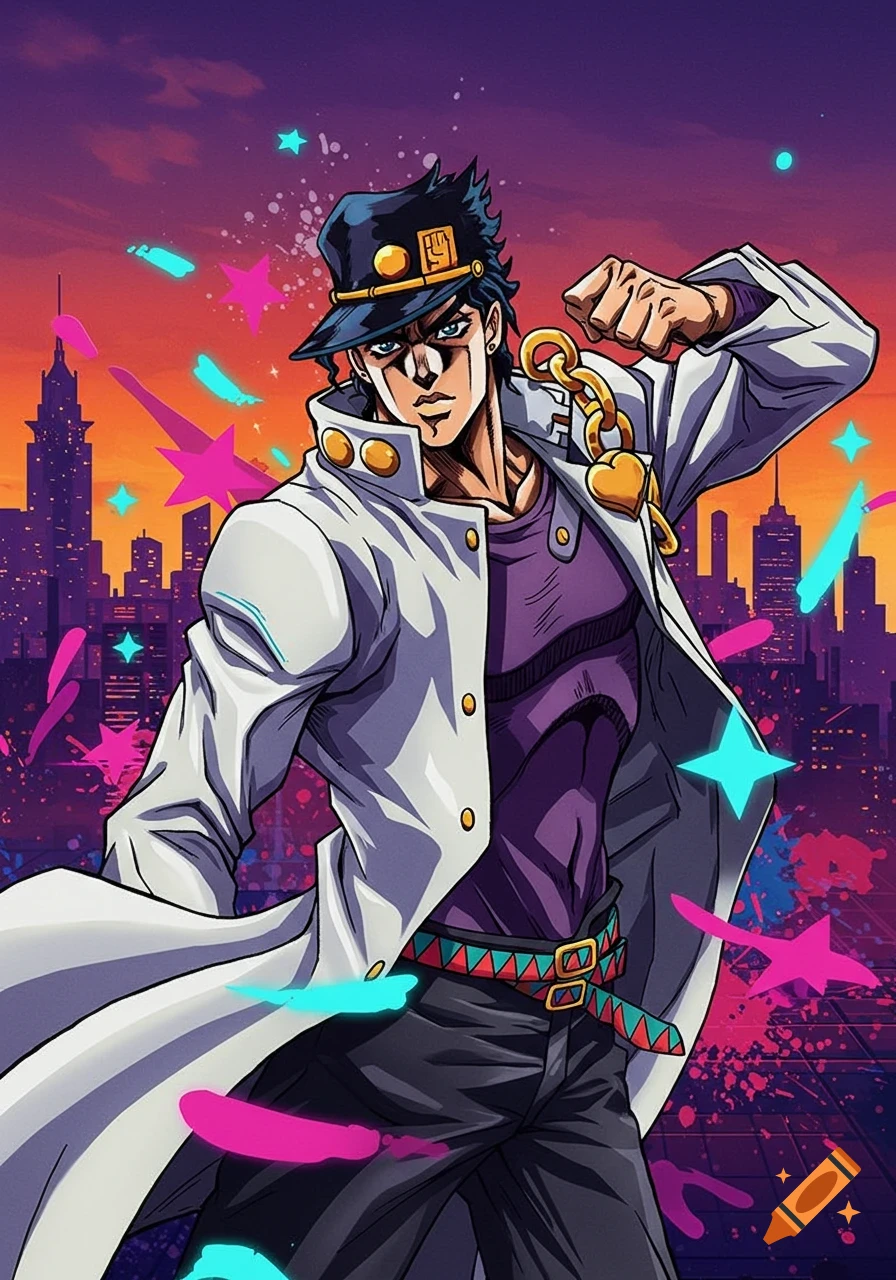 Anime character Jotaro Kujo in a white coat and cap, posing against a vibrant purple and orange city skyline.