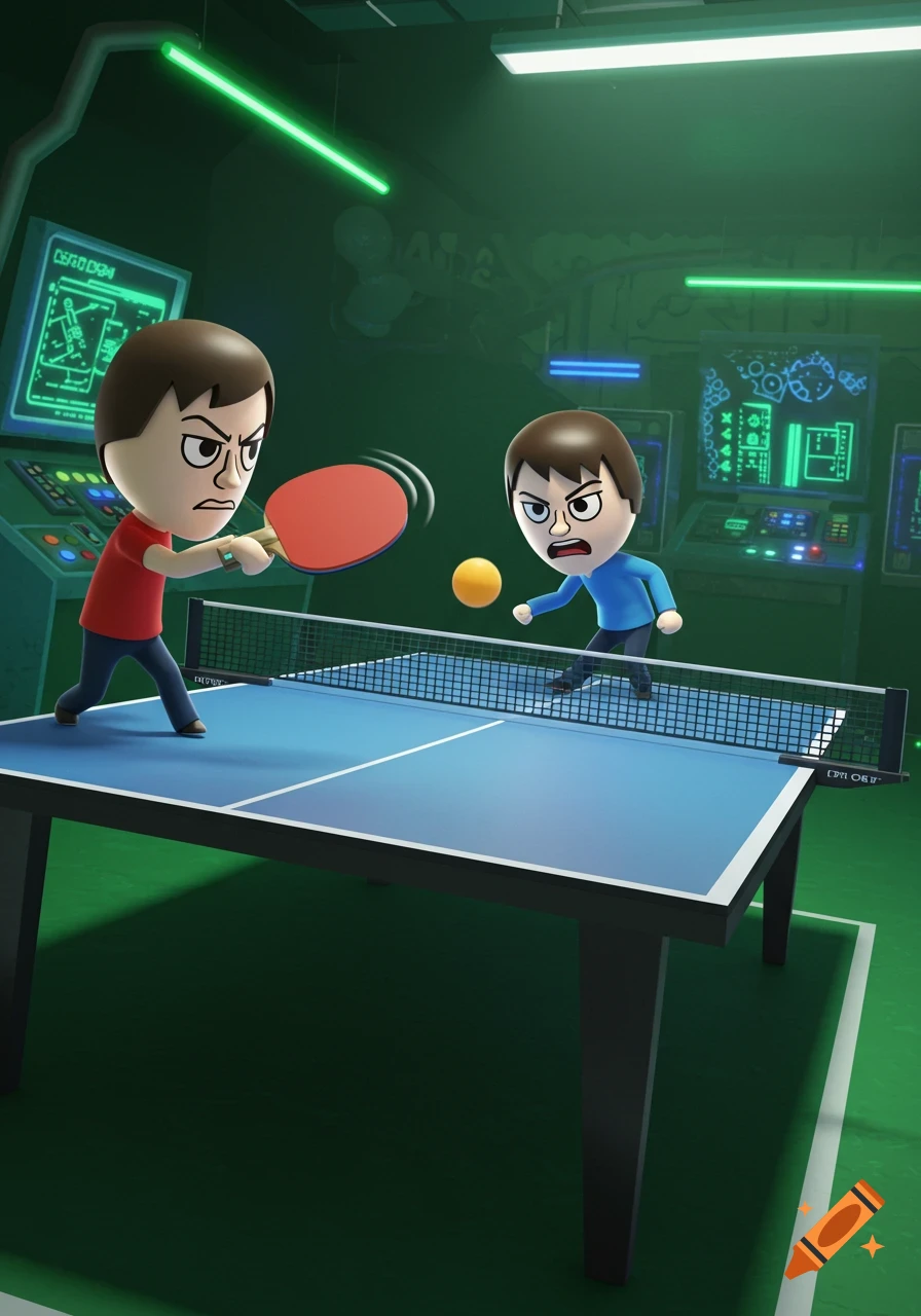 Two Mii-like characters play an intense game of ping pong in a green, futuristic room with glowing screens and neon lights.