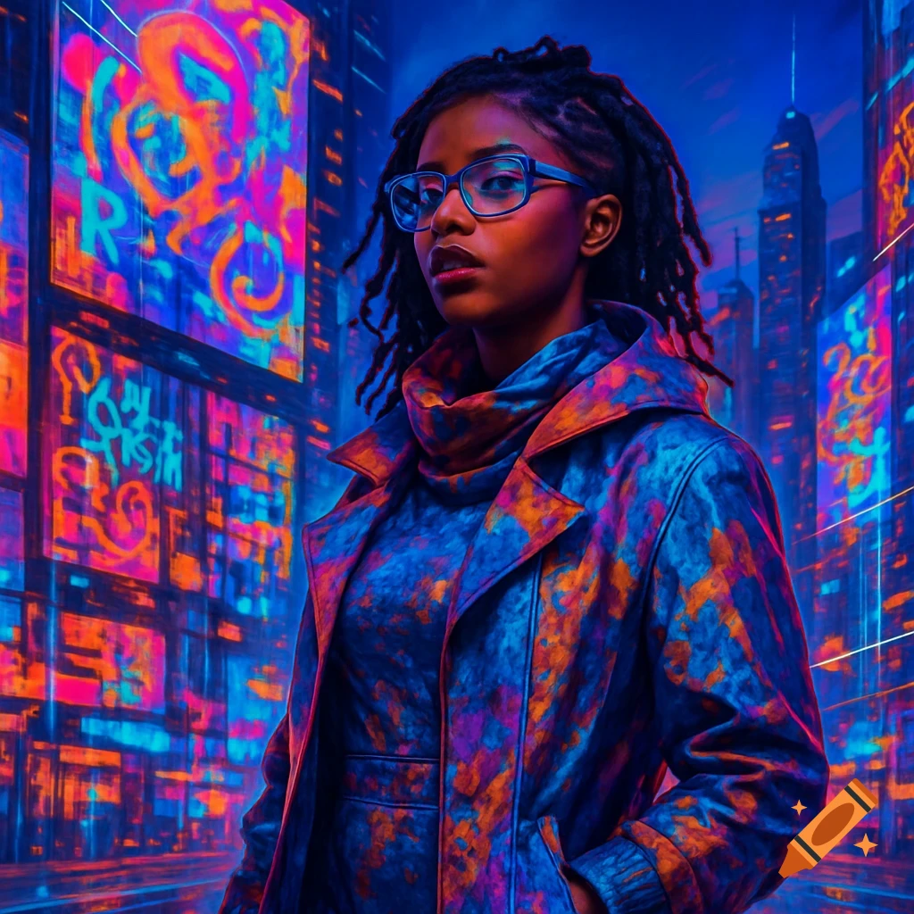 A young Black woman with dreadlocks and glasses in a vibrant, neon-lit cyberpunk city at night, wearing a patterned coat.