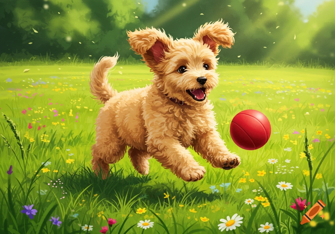 A fluffy golden-brown puppy jumps to catch a red ball in a sunny green field filled with colorful wildflowers, in an illustration style.