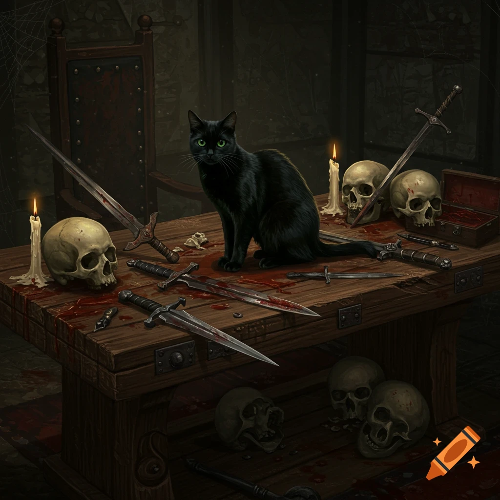 A black cat sits on a wooden table covered in blood, candles, skulls, and various bladed weapons in a dark, gothic room.