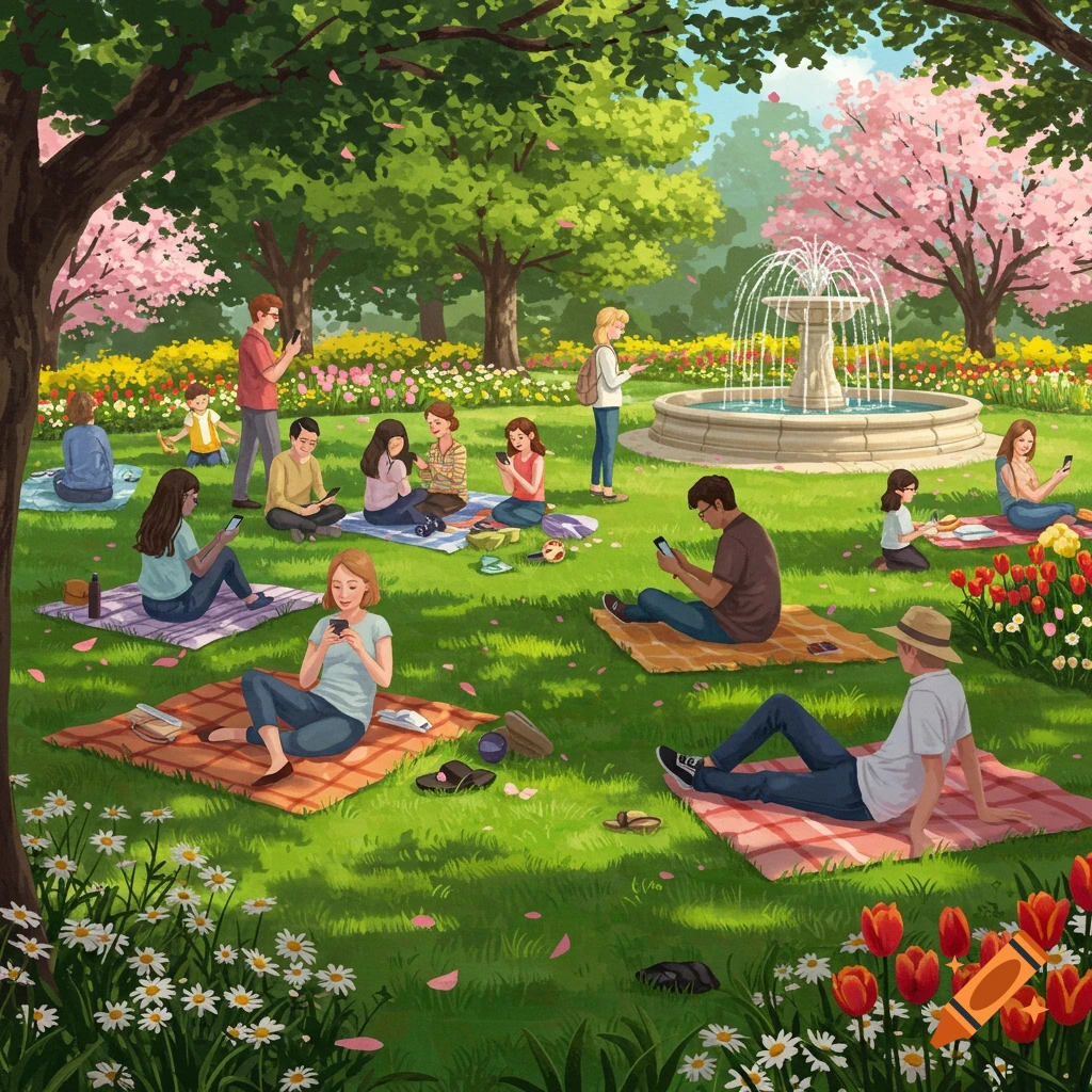 Illustration of diverse people sitting in a sunny park, all engrossed in their phones, with a fountain and blooming trees.