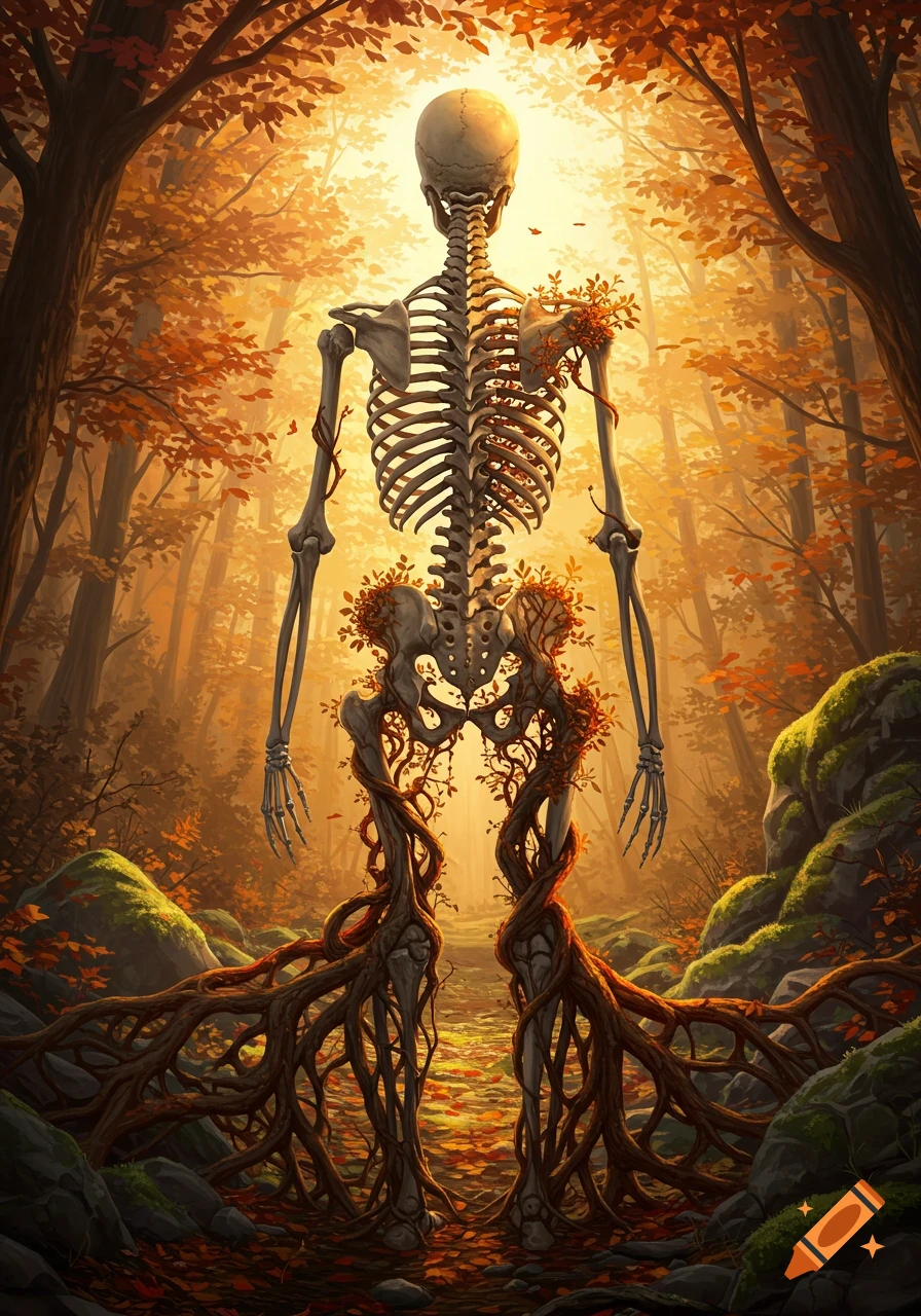A human skeleton with its lower body turning into tree roots stands in a glowing autumn forest.