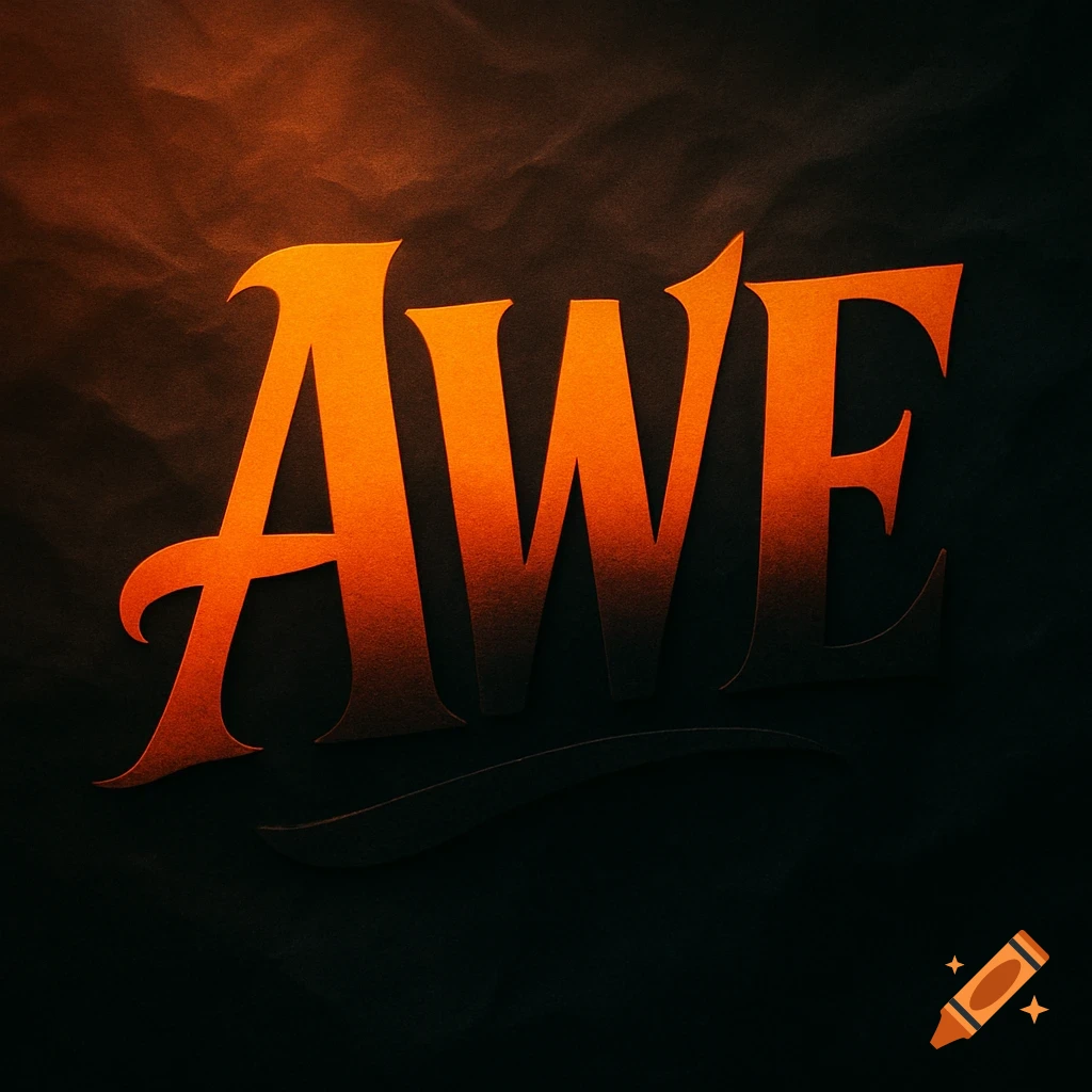 The word 'AWE' in bold, stylized orange text with a black gradient, against a dark textured background.