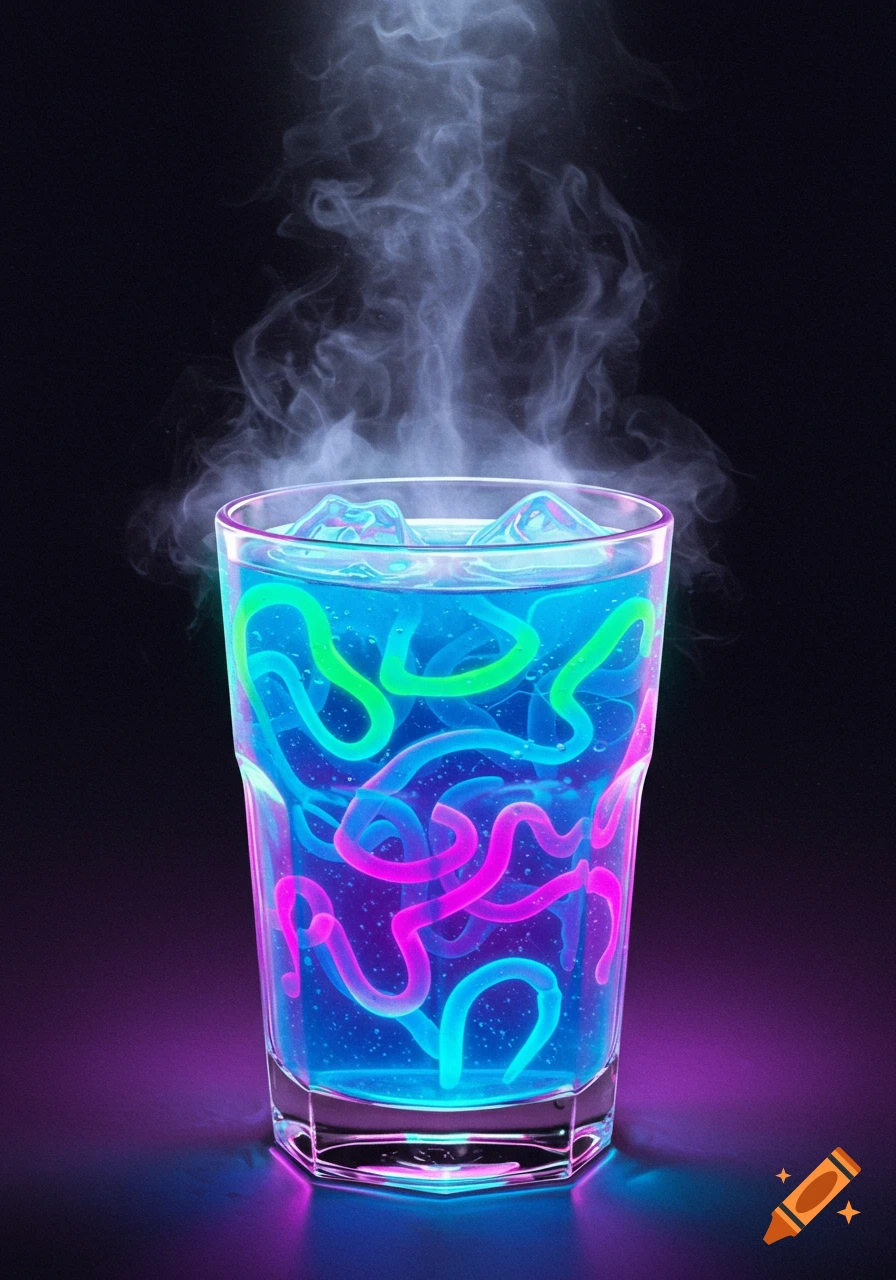 A neon blue drink with glowing pink and green worm-like tubes, ice, and steam, on a dark background.