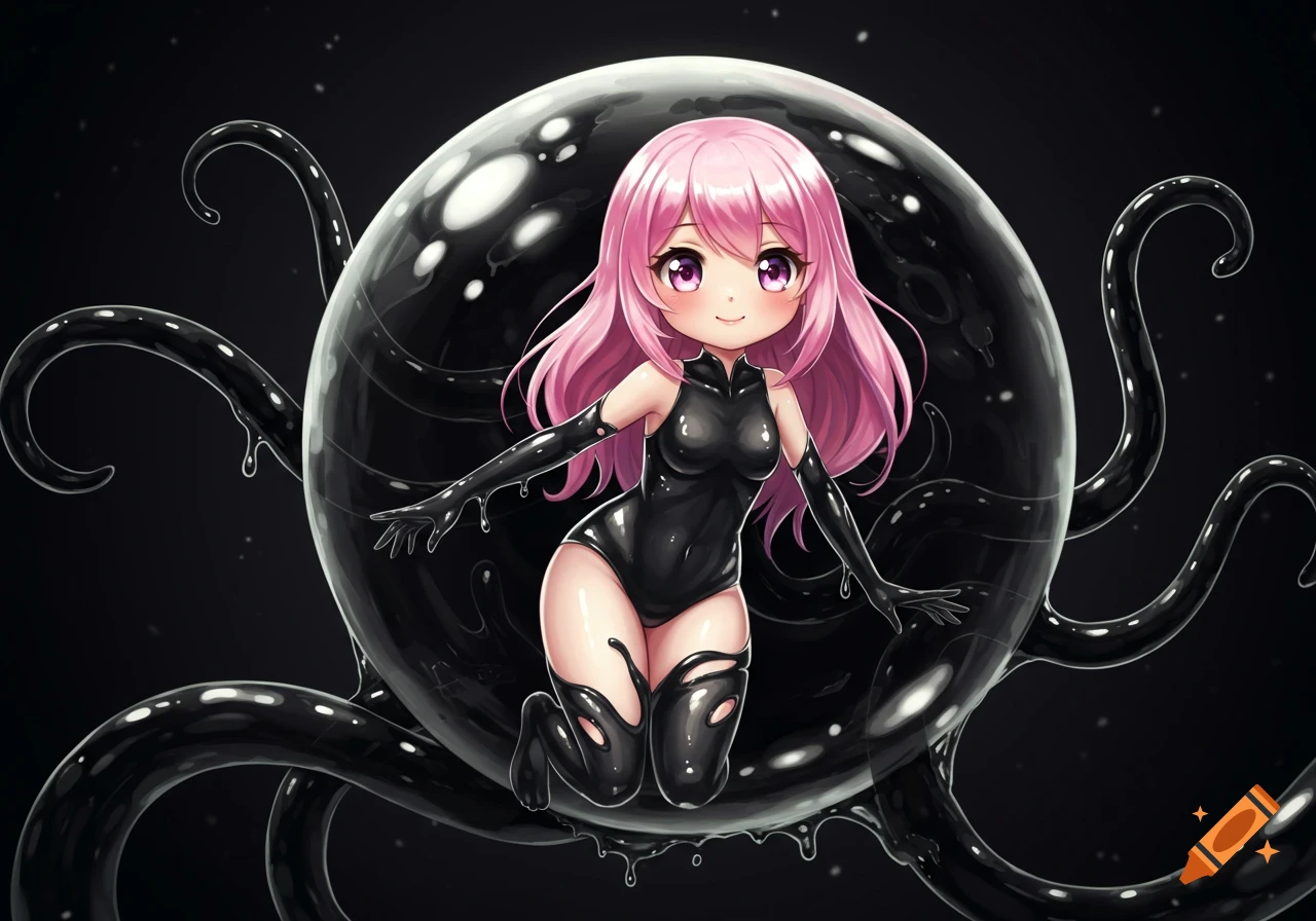 A cute chibi anime girl with pink hair in a shiny black slime leotard emerges from a black slime bubble with tentacles.