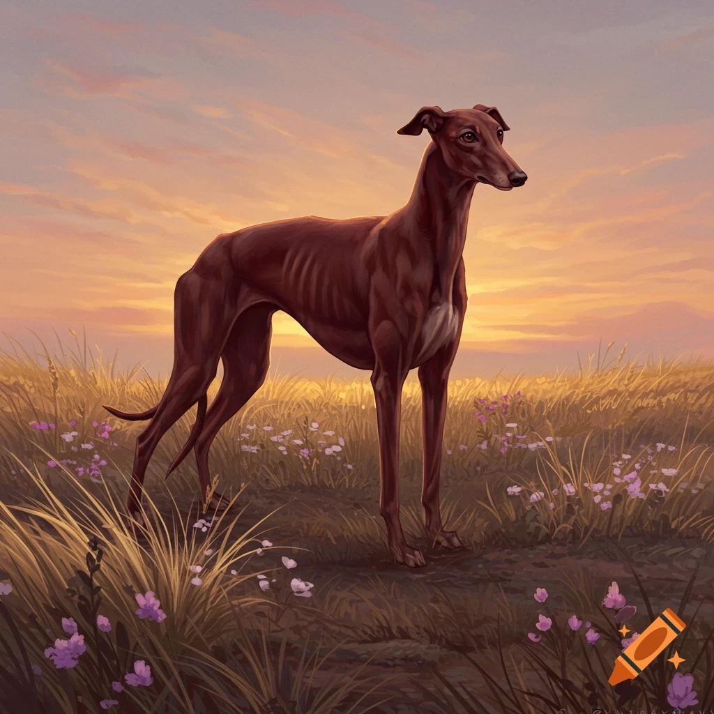 A reddish-brown greyhound stands in a grassy field with purple wildflowers under a warm, colorful sunset sky in a painted illustration.