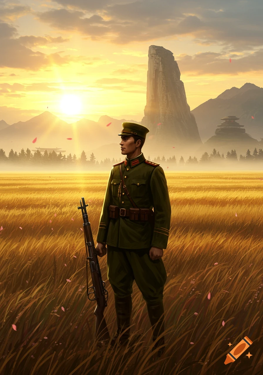 A Japanese soldier stands in a golden field, holding a rifle, at sunset with mountains and a temple in the background, digital art.
