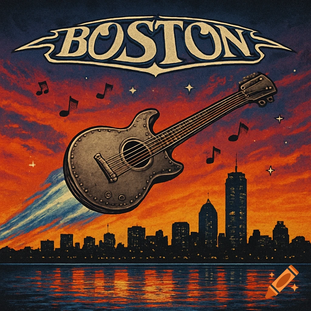 Stylized album cover art showing a rocket-like guitar soaring over the Boston skyline at sunset, with the text BOSTON at the top.