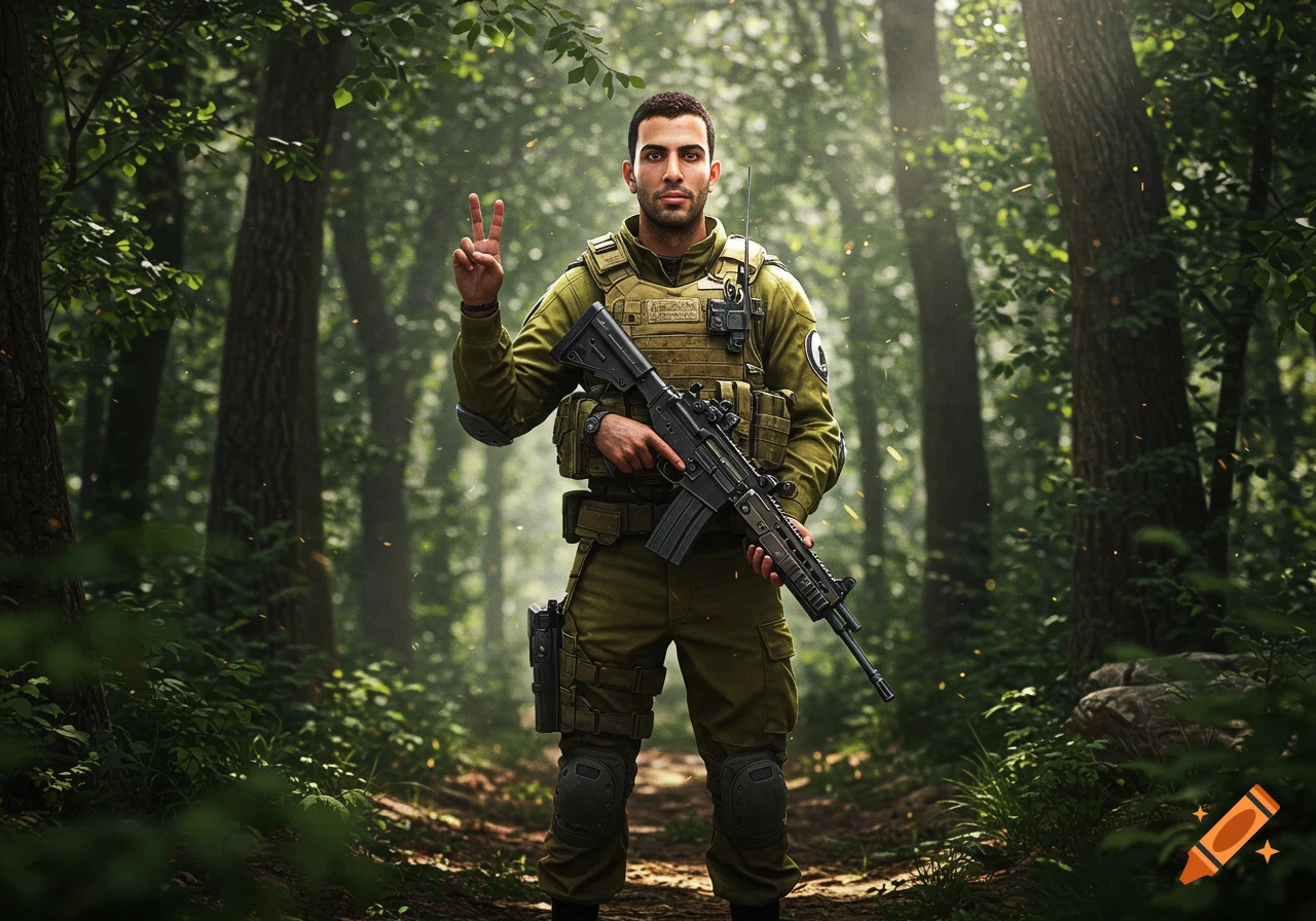 A photorealistic illustration of an Israeli soldier in tactical gear holding a rifle, making a peace sign in a lush forest.