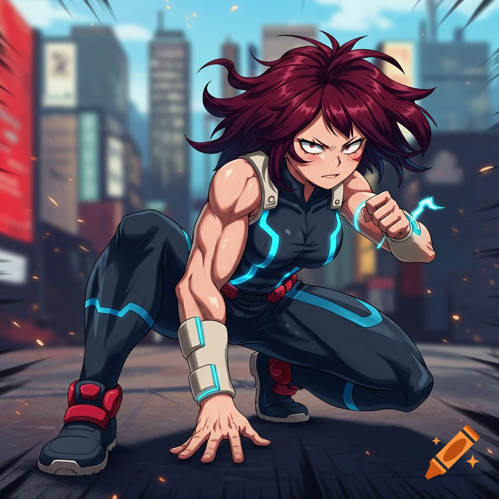 A muscular anime girl with dark red hair in a black and blue superhero suit, crouching in a fighting pose in a city, with electricity sparking from her fist.