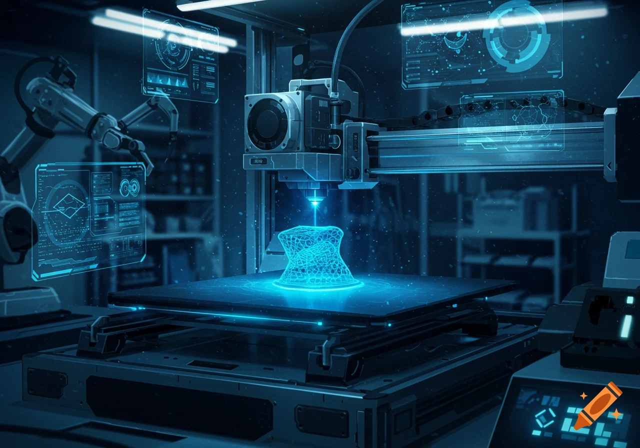 A futuristic laser 3D printer fabricating a glowing blue wireframe object, surrounded by holographic data displays in a dark, high-tech lab.