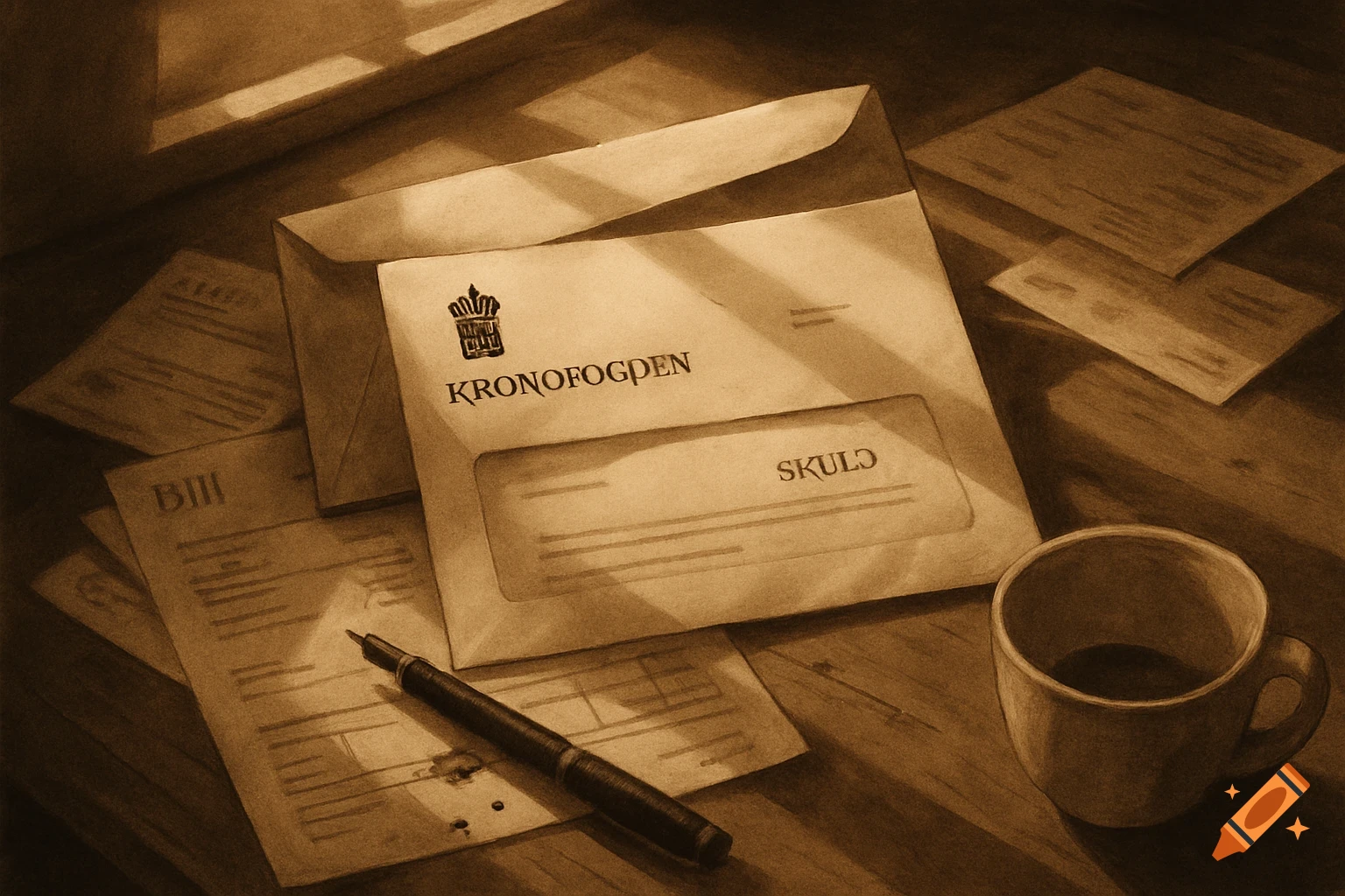 A sepia-toned image of an open envelope from Kronofogden with 'SKULO' printed on it, surrounded by other papers, a pen, and a coffee mug on a wooden table.