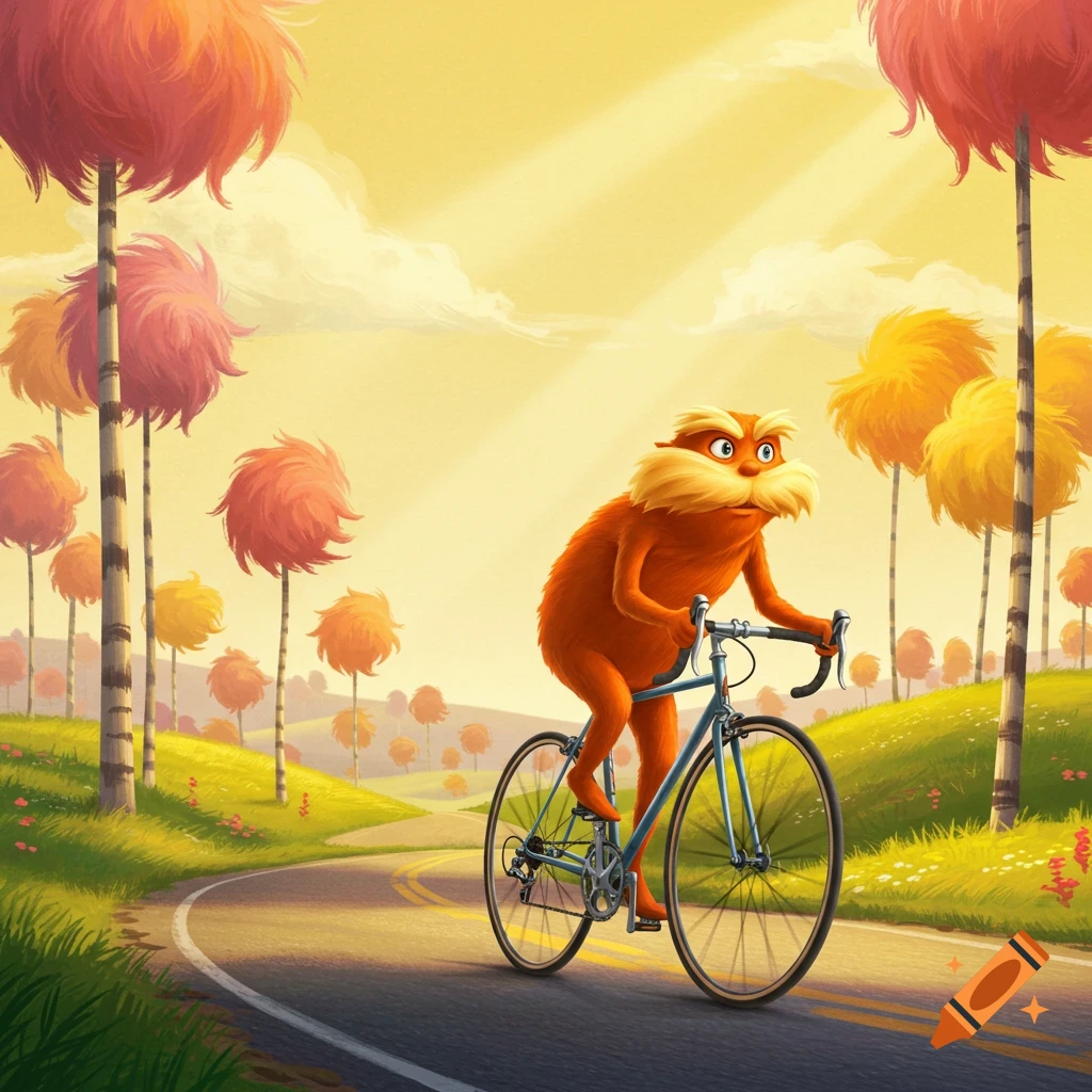 The Lorax rides a road bicycle on a winding road through a vibrant landscape with colorful Truffula Trees under a sunny sky.