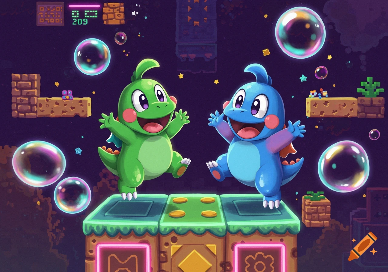 Two cheerful green and blue cartoon dragons, Bub and Bob, happily jump on platforms amidst bubbles and stars in a pixelated video game world.