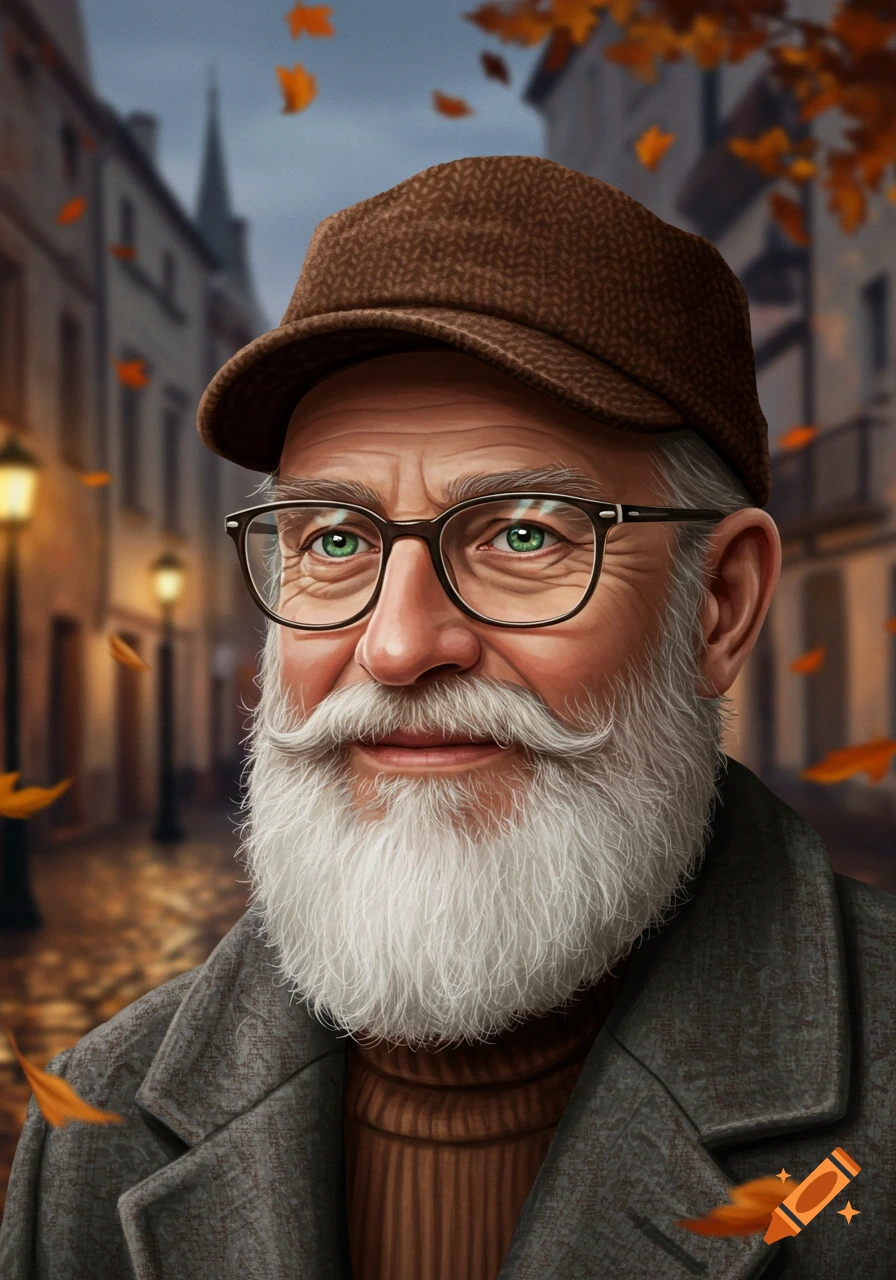 A digital portrait of an older man with a white beard, glasses, and a brown cap, in an autumnal street scene with falling leaves.