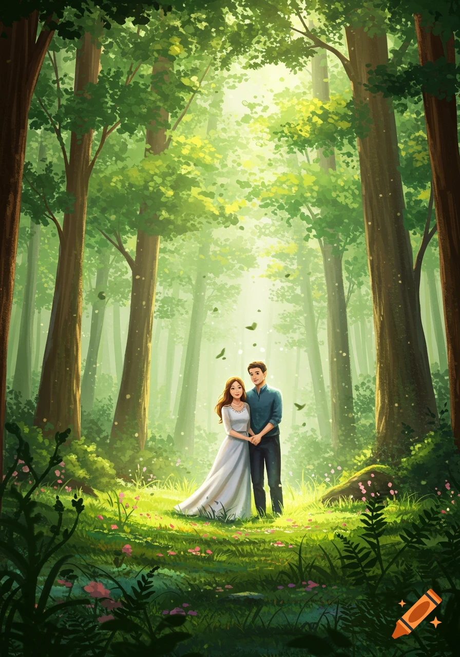 An illustrated couple holding hands in a magical, sunlit forest with tall trees and green foliage.