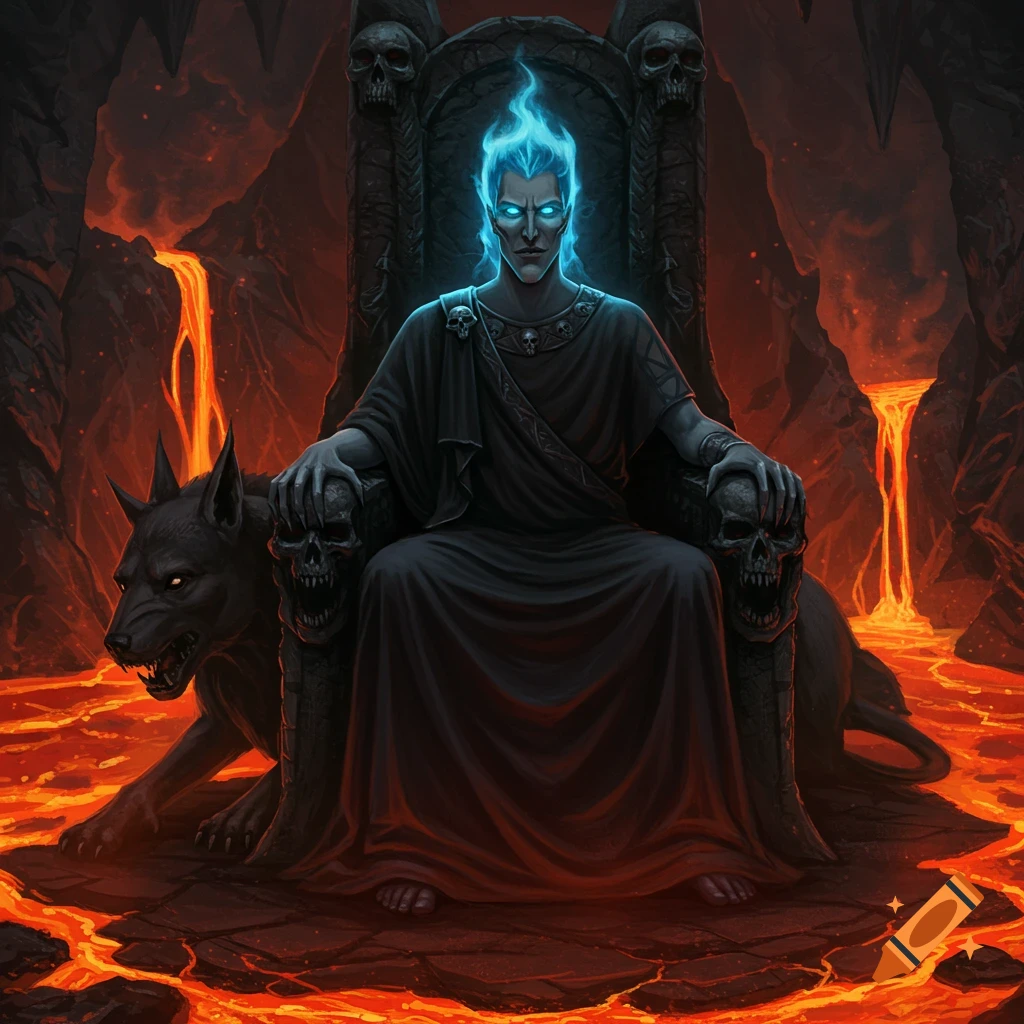 Hades, with glowing blue flames for hair, sits on a skull-adorned throne next to a black hellhound in a fiery underworld.