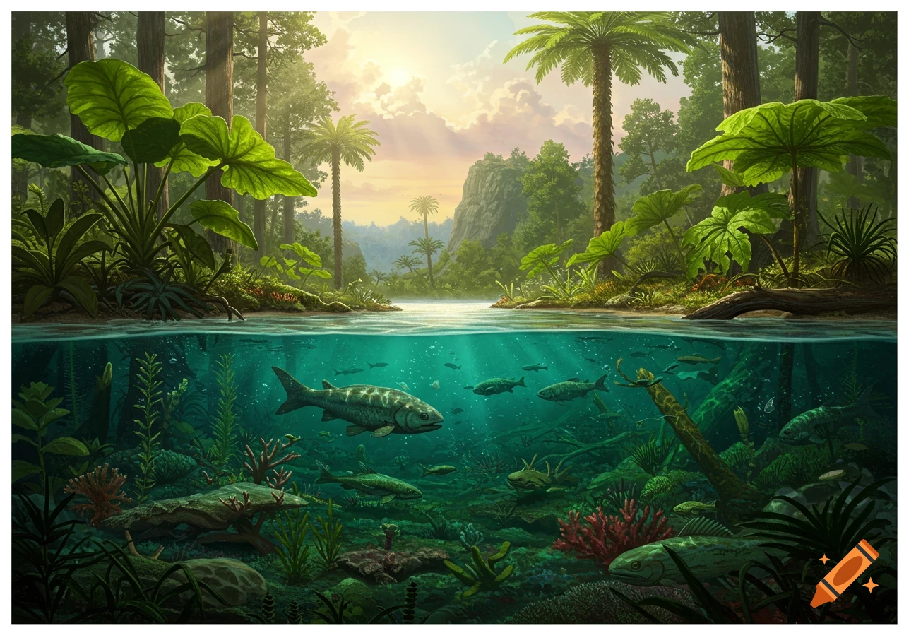 Vibrant prehistoric ecosystem illustration with an above-water jungle and underwater river scene featuring ancient fish and aquatic plants.
