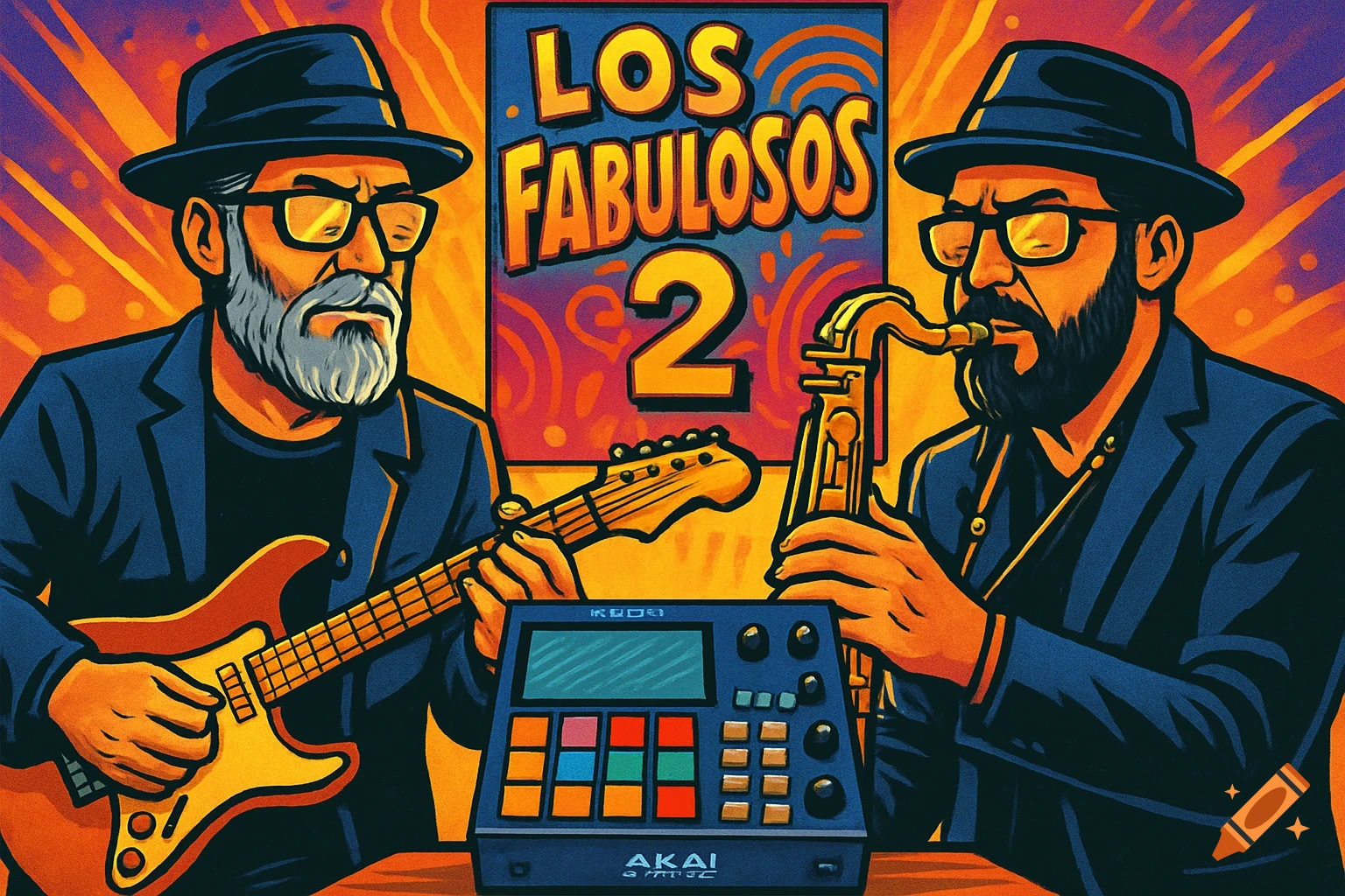 Two bearded musicians in hats and glasses in a comic-book style. One plays an electric guitar, the other a saxophone. A music production machine is between them. A poster behind them reads 'LOS FABULOSOS 2'.