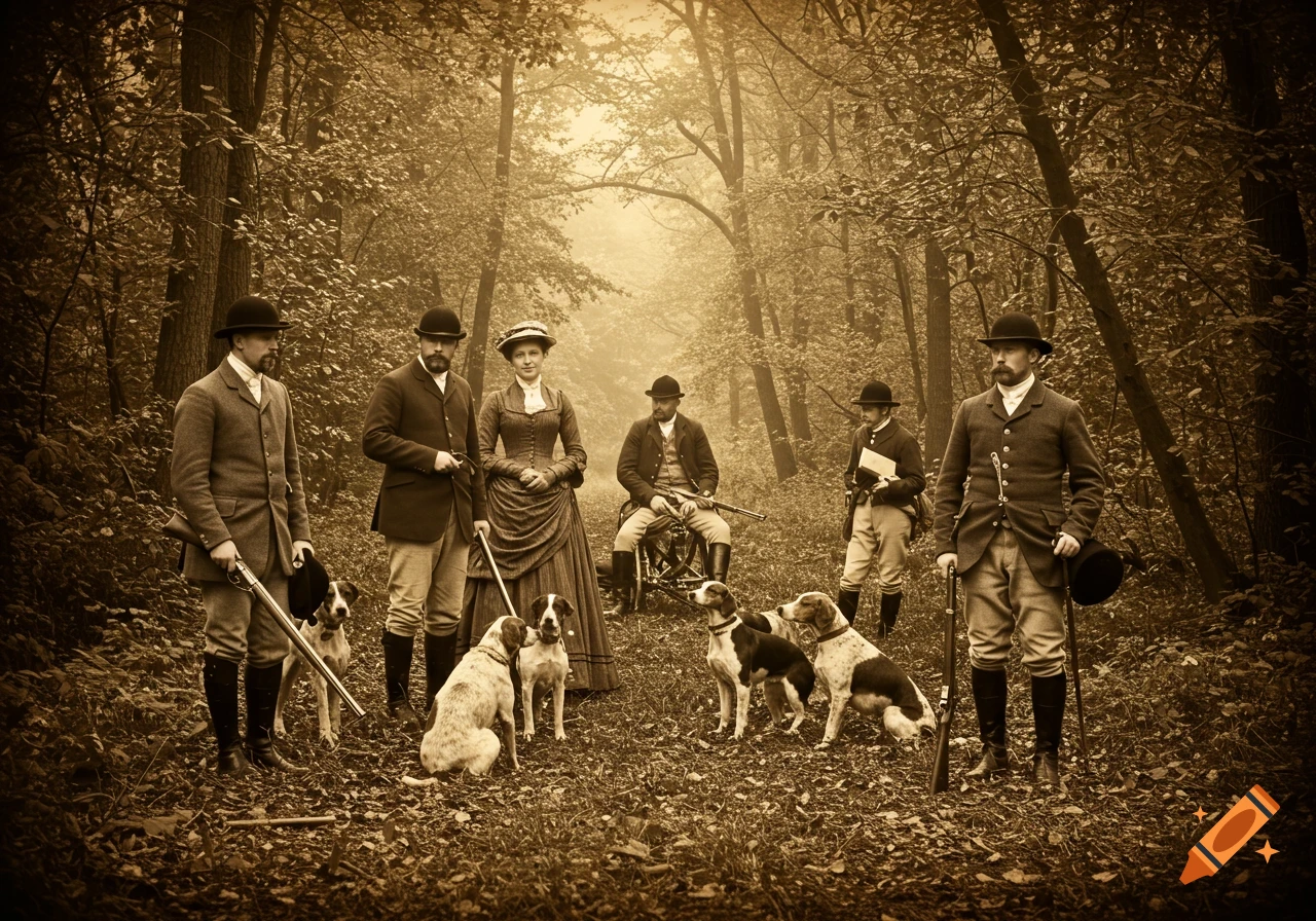 Sepia-toned photo of a Victorian hunting party with men, a woman, rifles, and several hunting dogs in a wooded area.