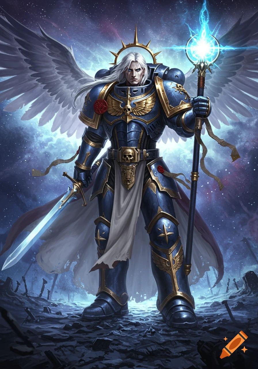 A powerful anime-style warrior in blue and gold power armor with white wings, glowing staff, and sword stands on a desolate planet.