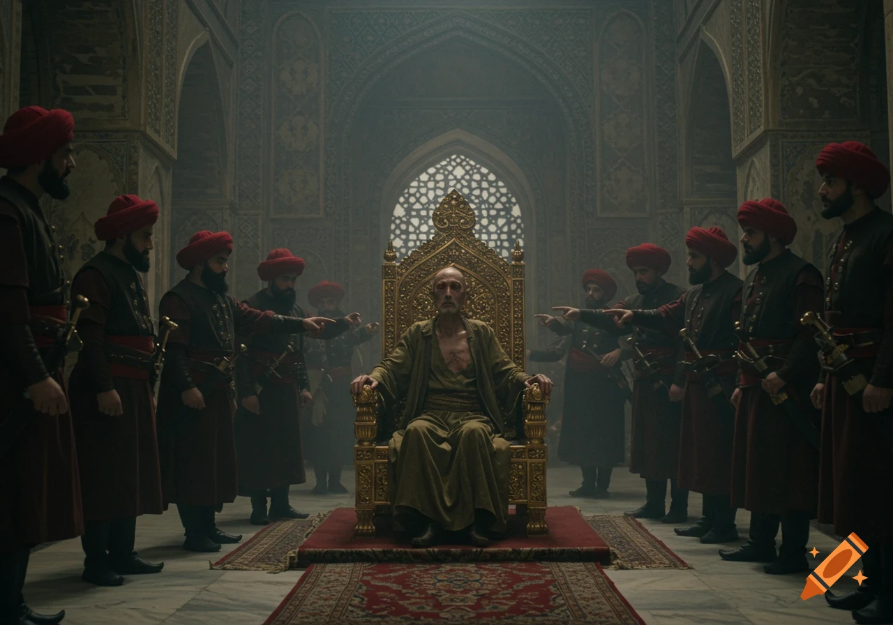 An old, thin man sits on a golden throne, surrounded by men in red turbans pointing in a grand, dimly lit Persian throne hall.