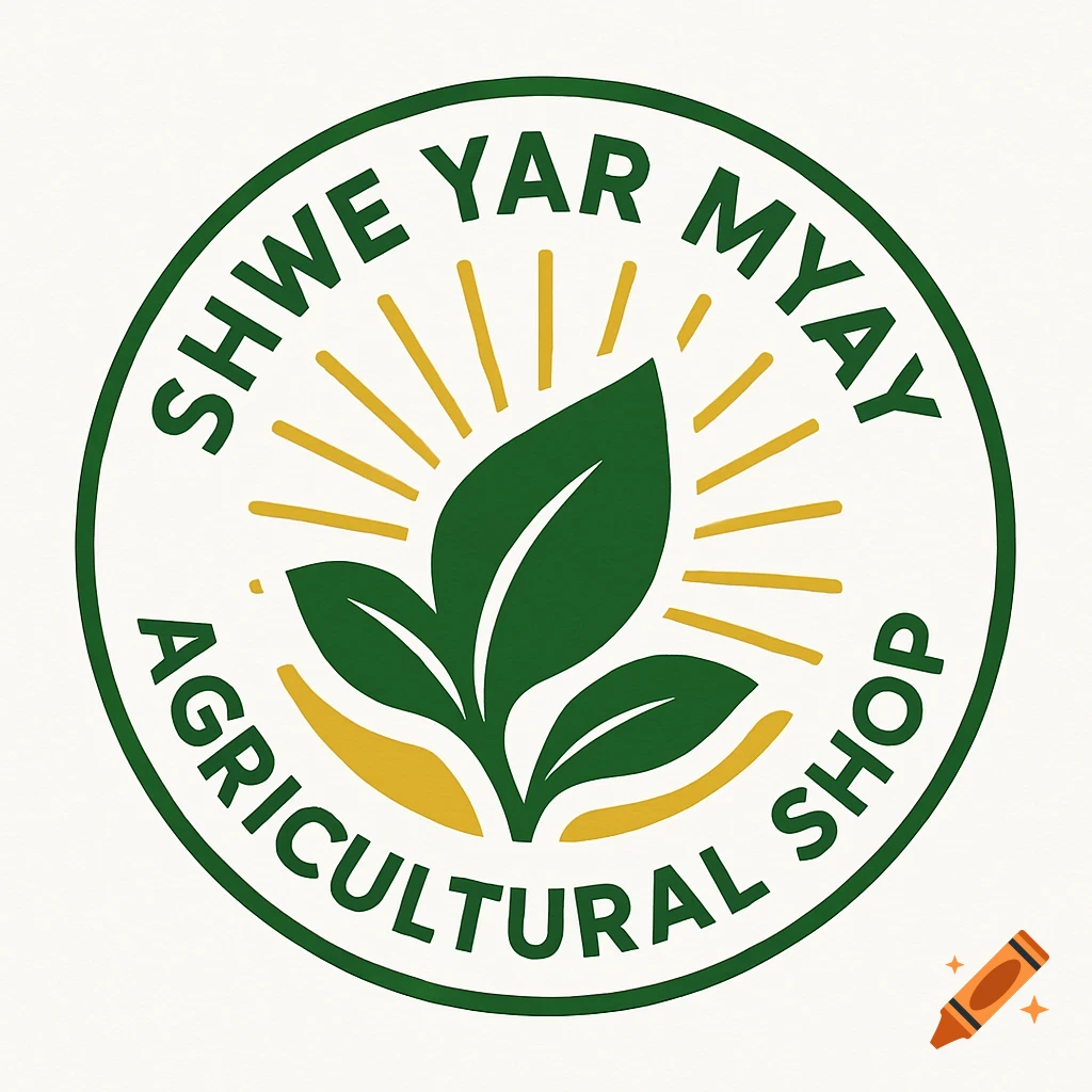 Circular green and gold logo for 'SHWE YAR MYAY AGRICULTURAL SHOP' with a stylized green leaf and sun rays.