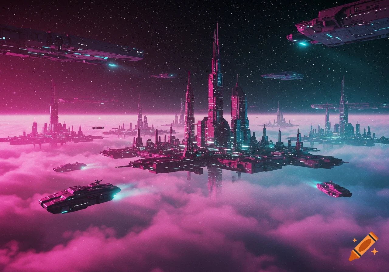 Vibrant sci-fi city floating above pink clouds in space, with spaceships flying around, featuring vaporwave colors.