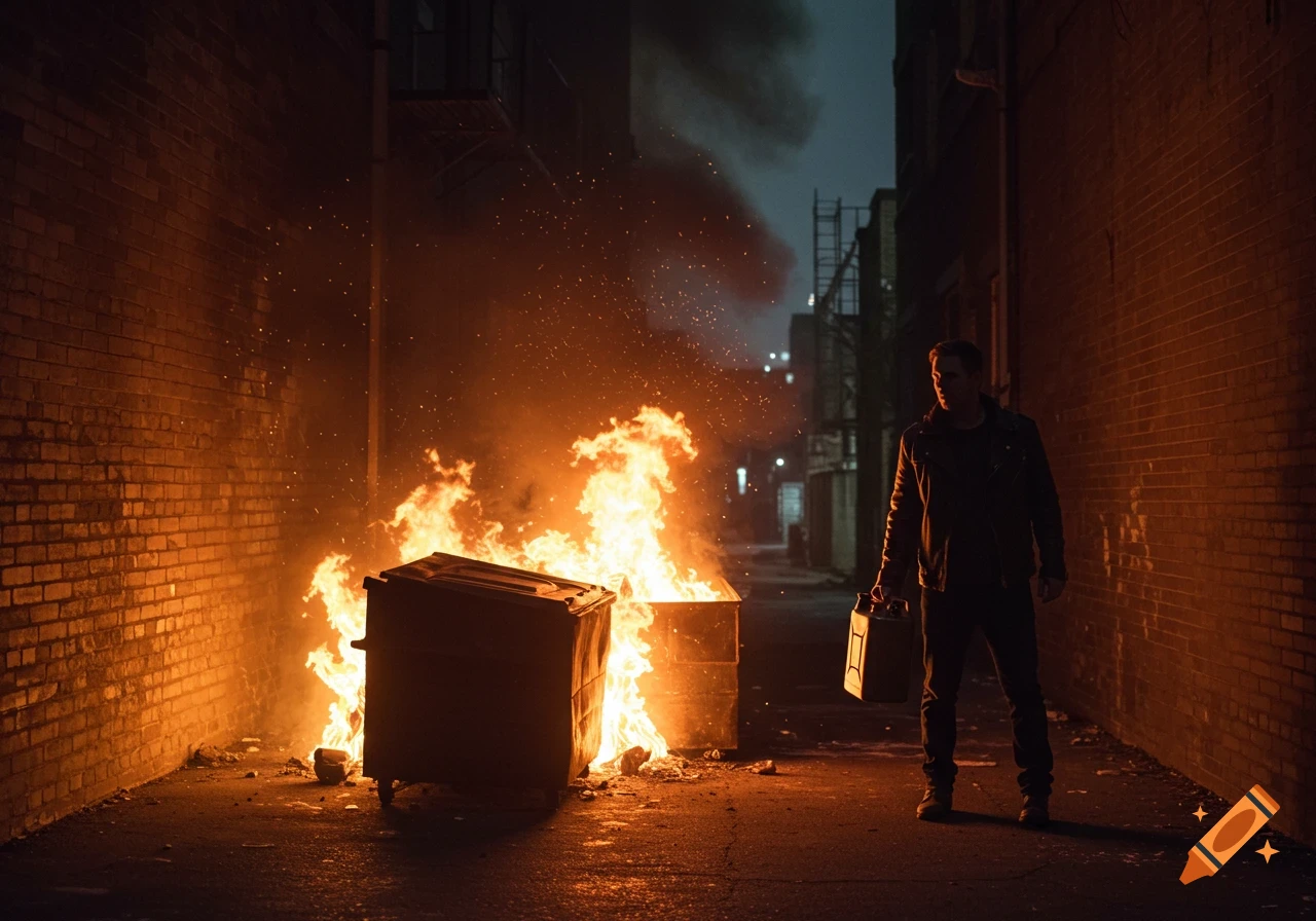 A man in a dark alley stands next to a dumpster fire, holding a gas can, at night.