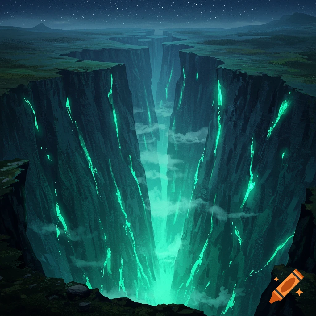 A deep, dark ravine at night, with glowing green veins on its rocky walls and a bright green light emanating from its depths.