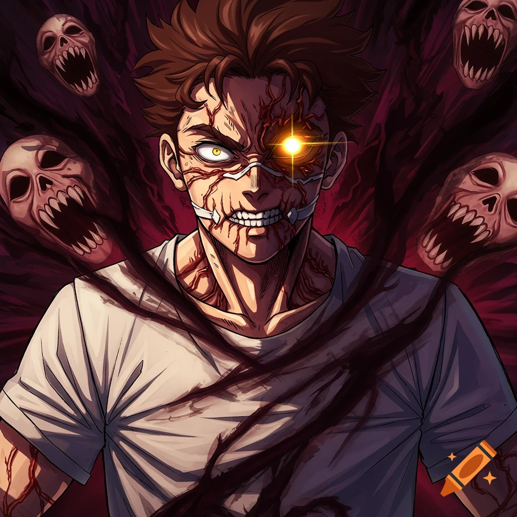 A furious man in 90s anime style with glowing yellow eyes, distorted skin, exposed veins, and a black aura, surrounded by screaming skull phantoms.