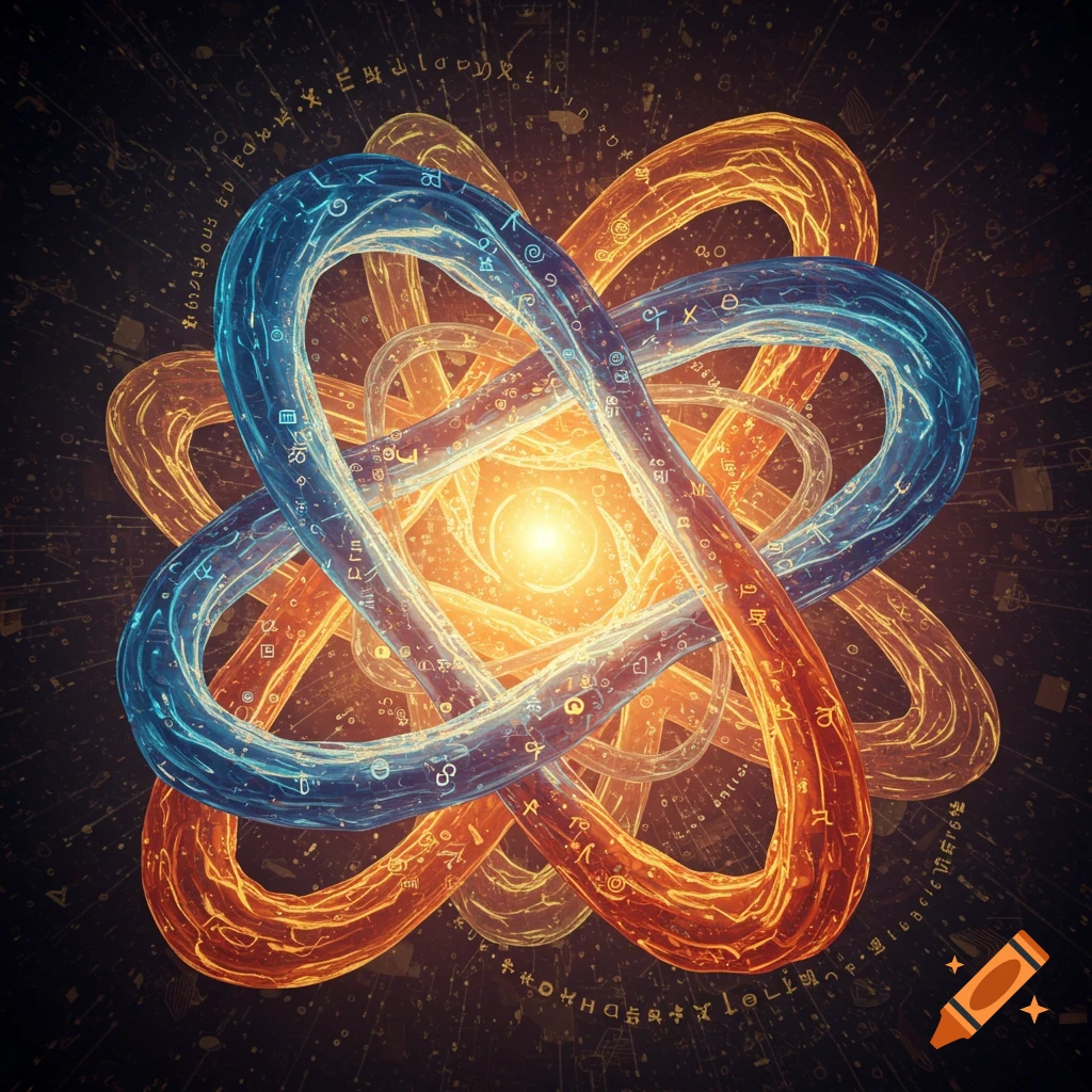 Abstract glowing blue and orange intertwining energy strands form a complex knot, covered in luminous symbols, against a dark background with scattered light particles.