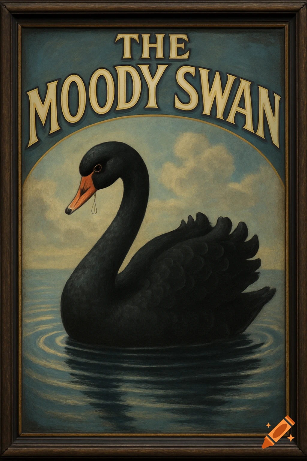 A vintage hand-painted pub sign featuring a black swan on water with "THE MOODY SWAN" text. A teardrop falls from the swan's beak.