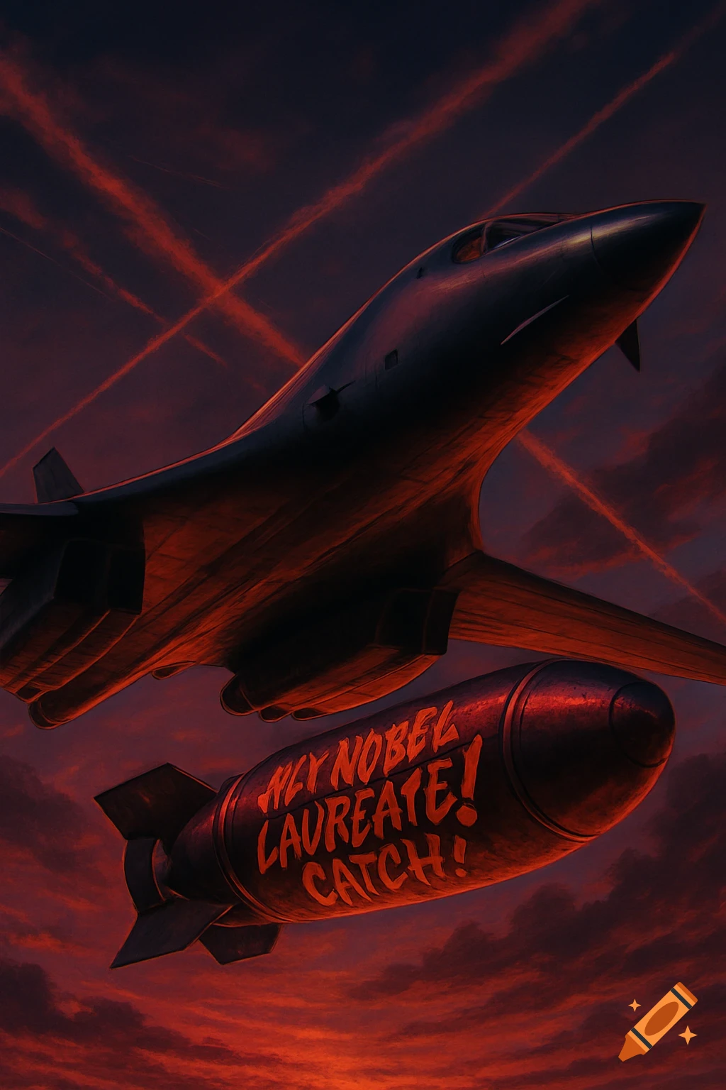A dark bomber jet flies above a bomb emblazoned with 'HEY NOBEL LAUREATE! CATCH!', against a fiery red and black sky, in a stylized illustration.