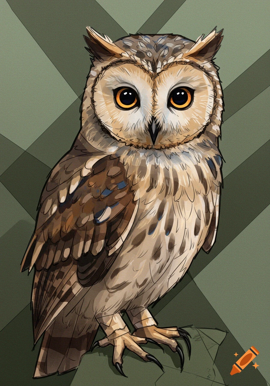A stylized drawing of an owl with large orange eyes, brown and beige feathers, against a geometric green background.