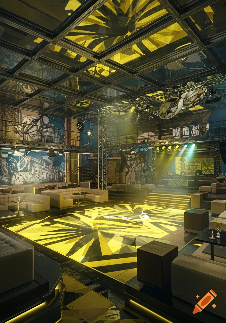 A vibrant nightclub interior with a yellow and black geometric dance floor, beige couches, a stage with lights, and a reflective ceiling.