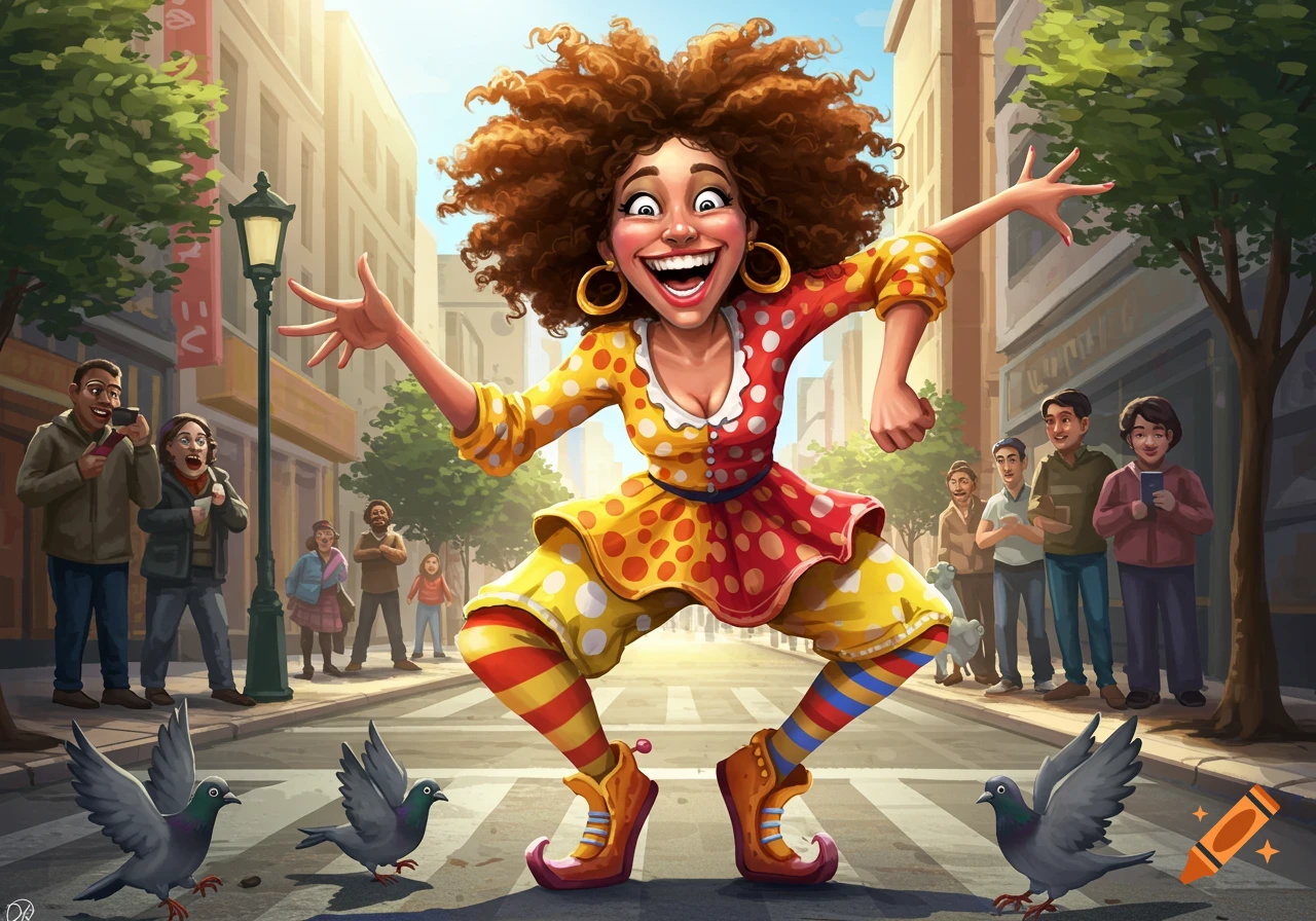 A cartoon woman with curly brown hair, wearing a polka-dotted dress and striped pants, laughs joyfully while dancing in a city street with pigeons.