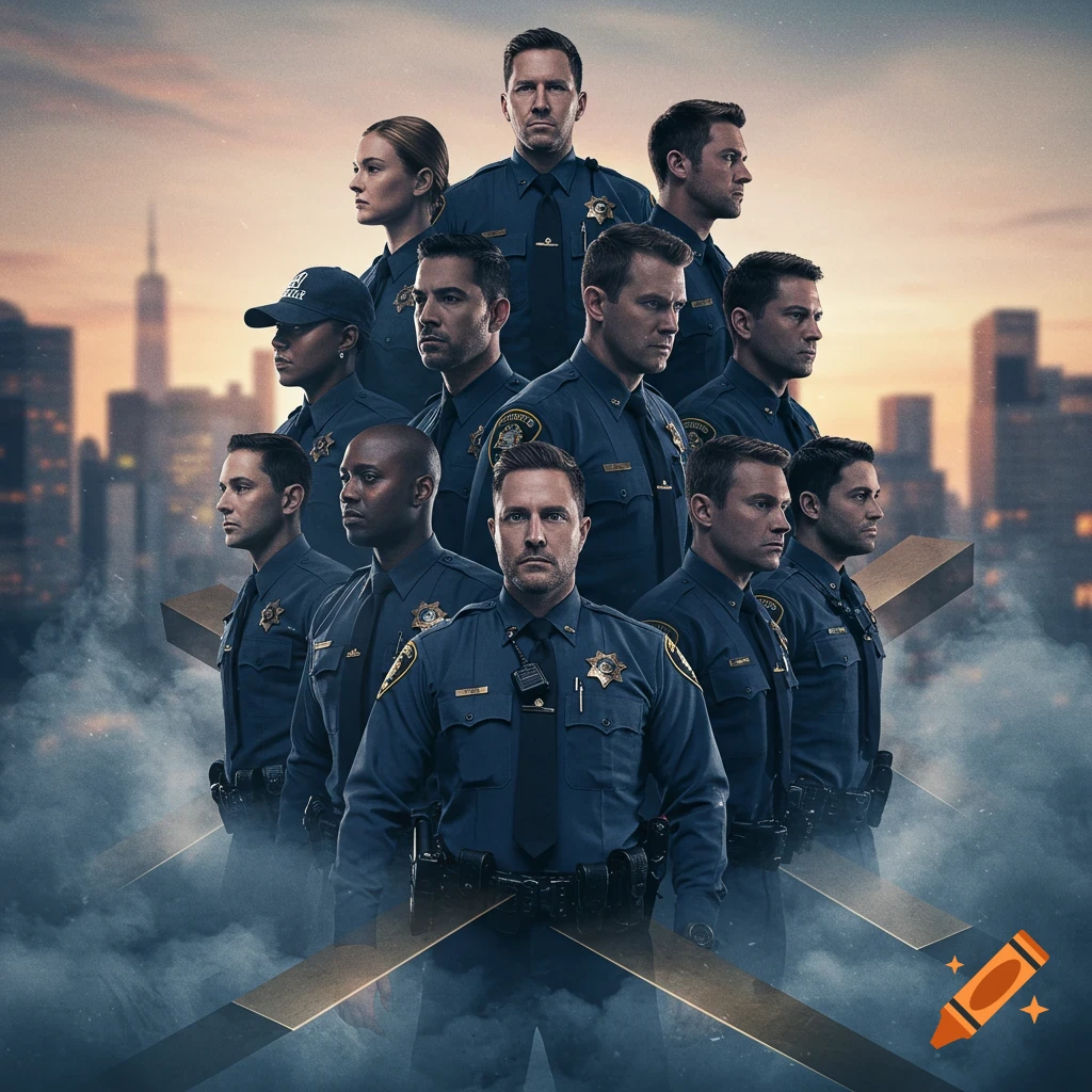 A large group of diverse police officers in blue uniforms stand in a stacked arrangement against a blurred city skyline at sunset.
