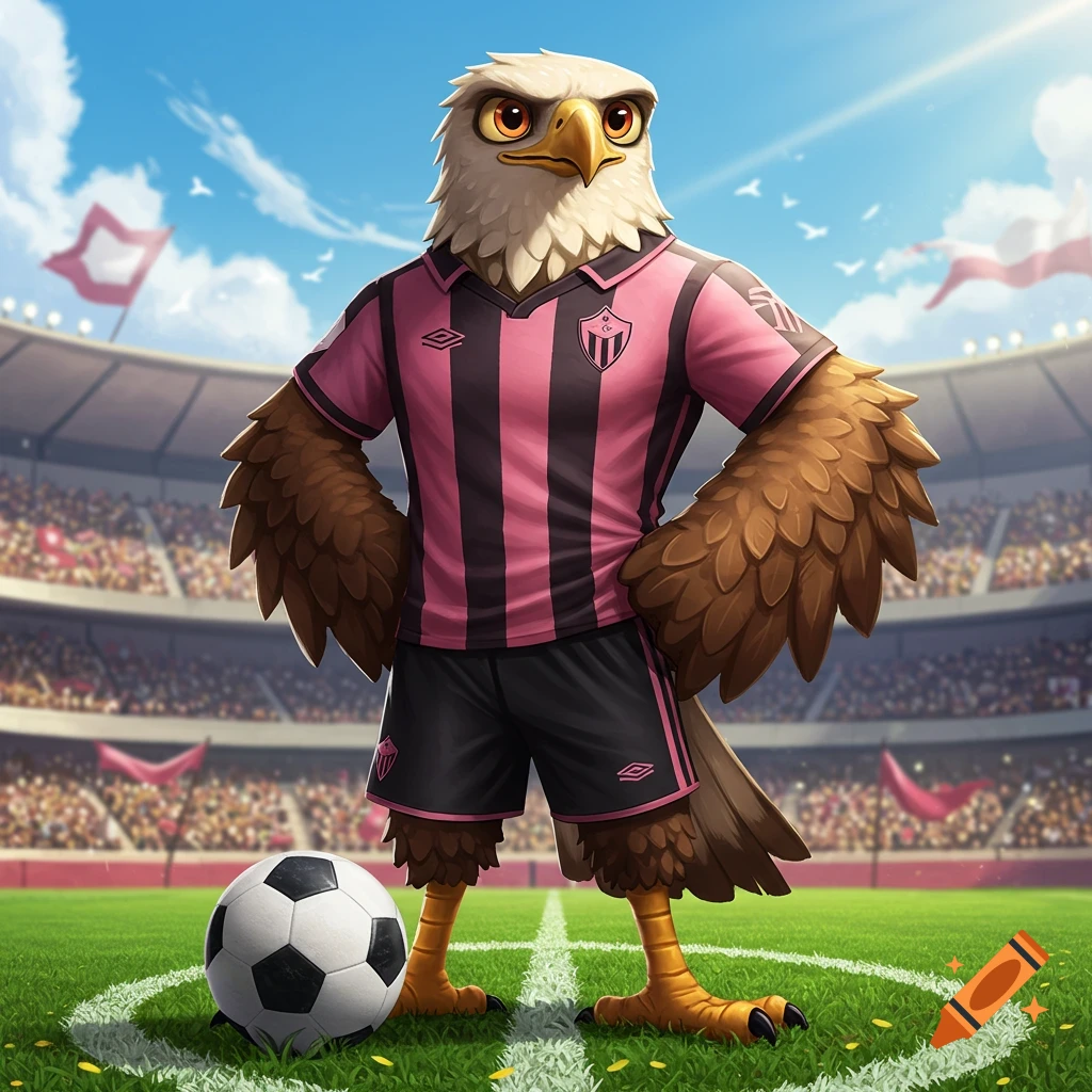 An anthropomorphic eagle, wearing a pink and black striped soccer jersey and shorts, stands on a soccer field with a ball at its feet, in a stadium full of spectators.