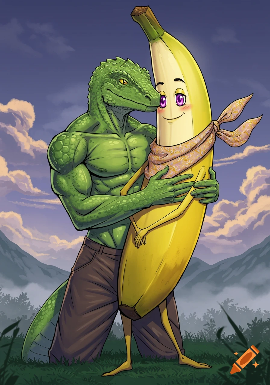 A muscular green lizardman hugs a smiling anthropomorphic banana wearing a bandana, in a comic book style against a mountain landscape.