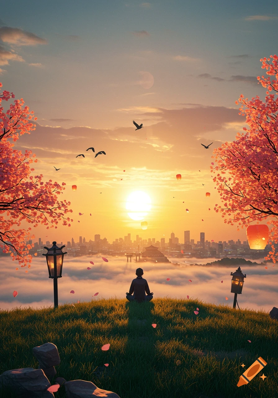 A person meditates on a grassy hill, overlooking a misty cityscape at a vibrant sunset, with cherry blossoms and lanterns.