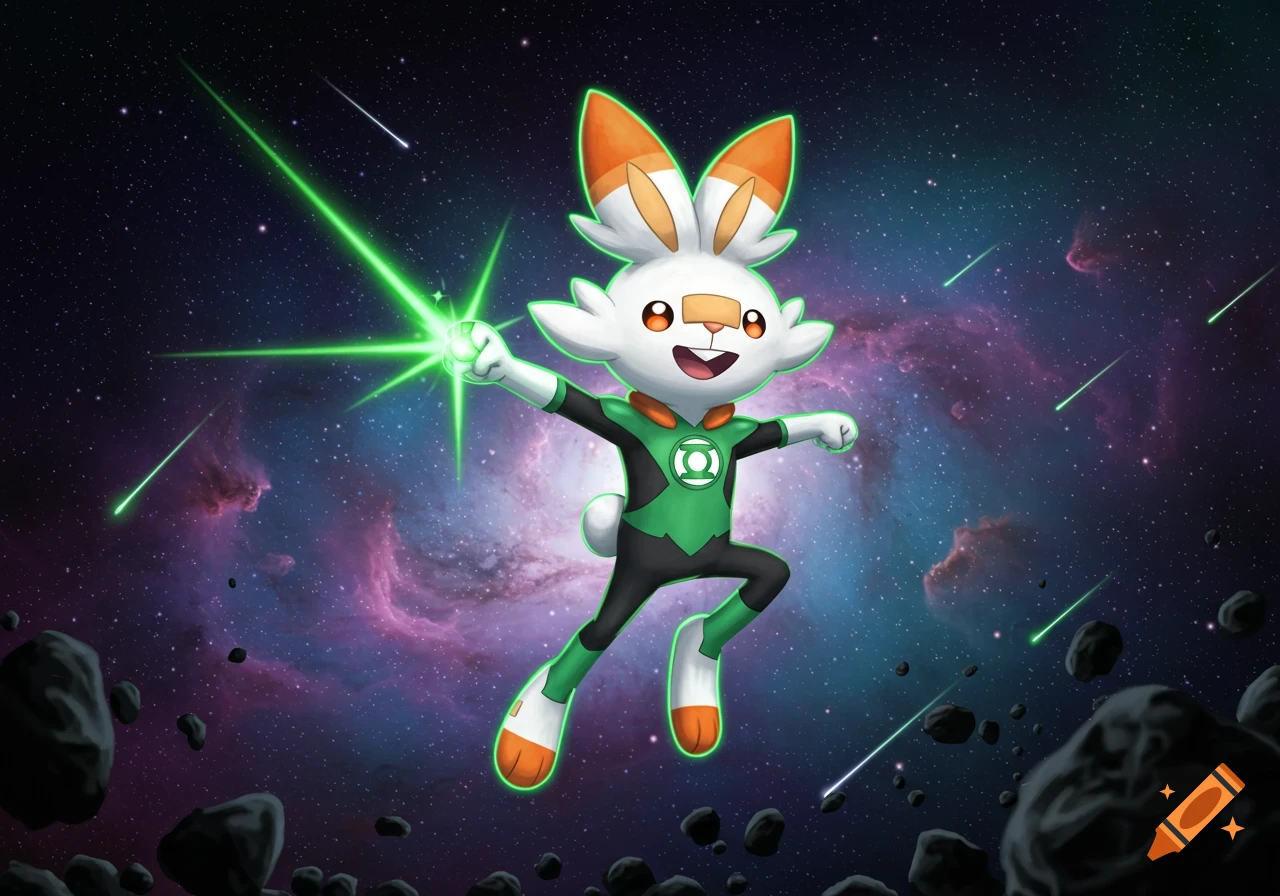 Scorbunny dressed as Green Lantern flies through a starry nebula with asteroids and shooting stars, radiating green light.