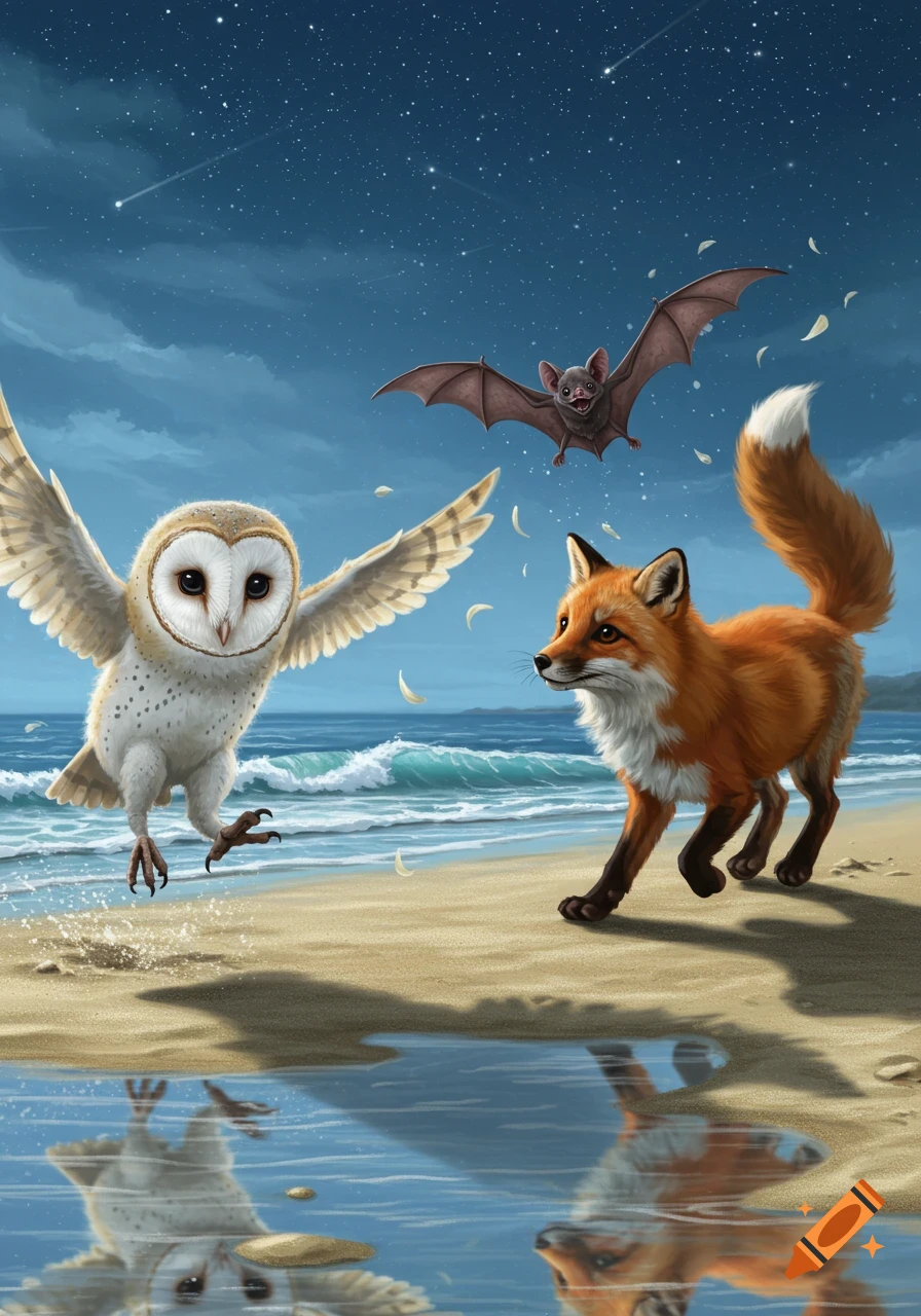 A whimsical illustration of a baby barn owl, a fox, and a bat on a moonlit beach with reflections in a puddle.