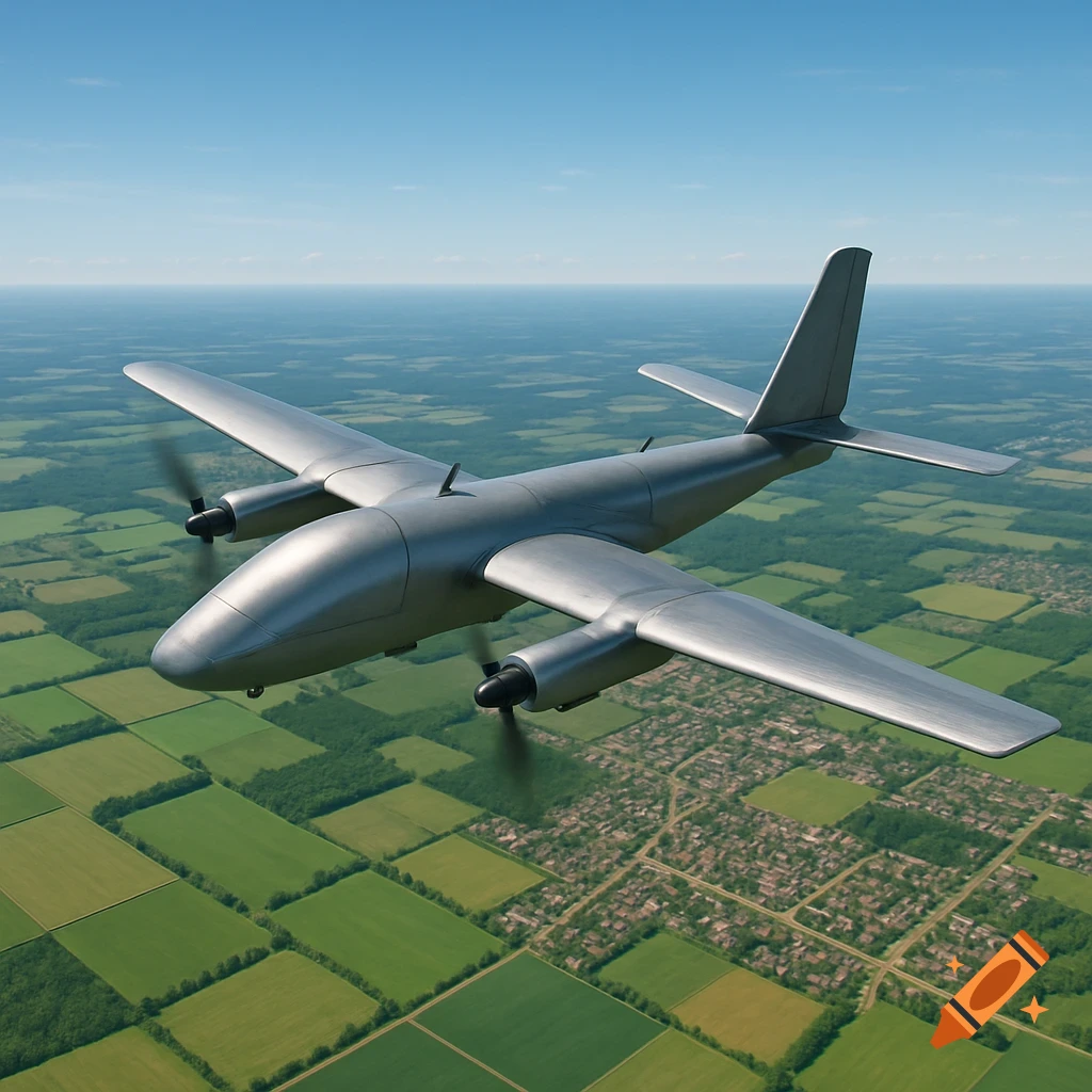 A silver plane-type UAV flies over a rural landscape of green fields and a small town.